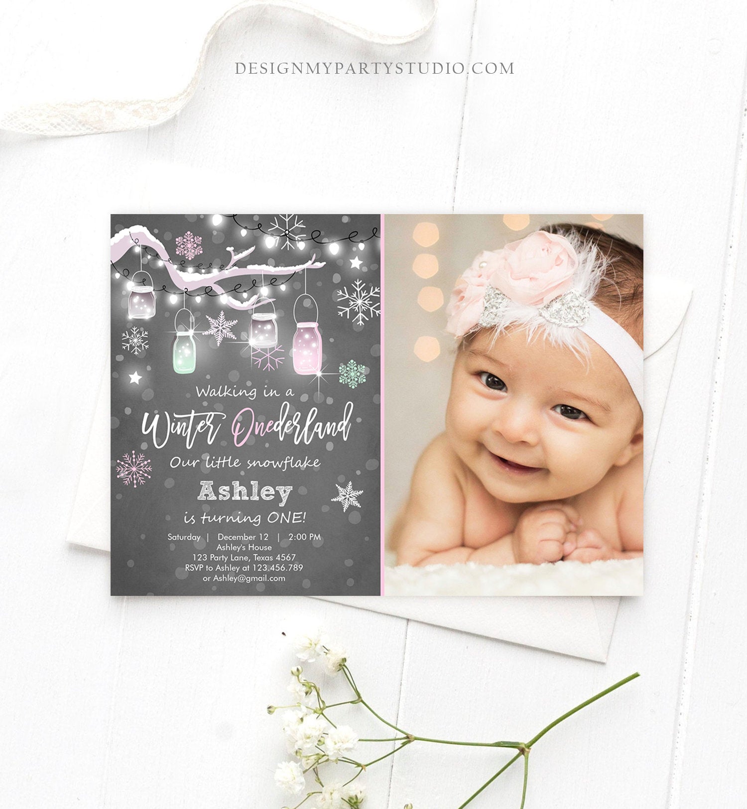 Editable ANY AGE Winter ONEderland Birthday Invitation First Birthday Snowflake Girl Pink Download Printable Invitation Template Corjl 0066