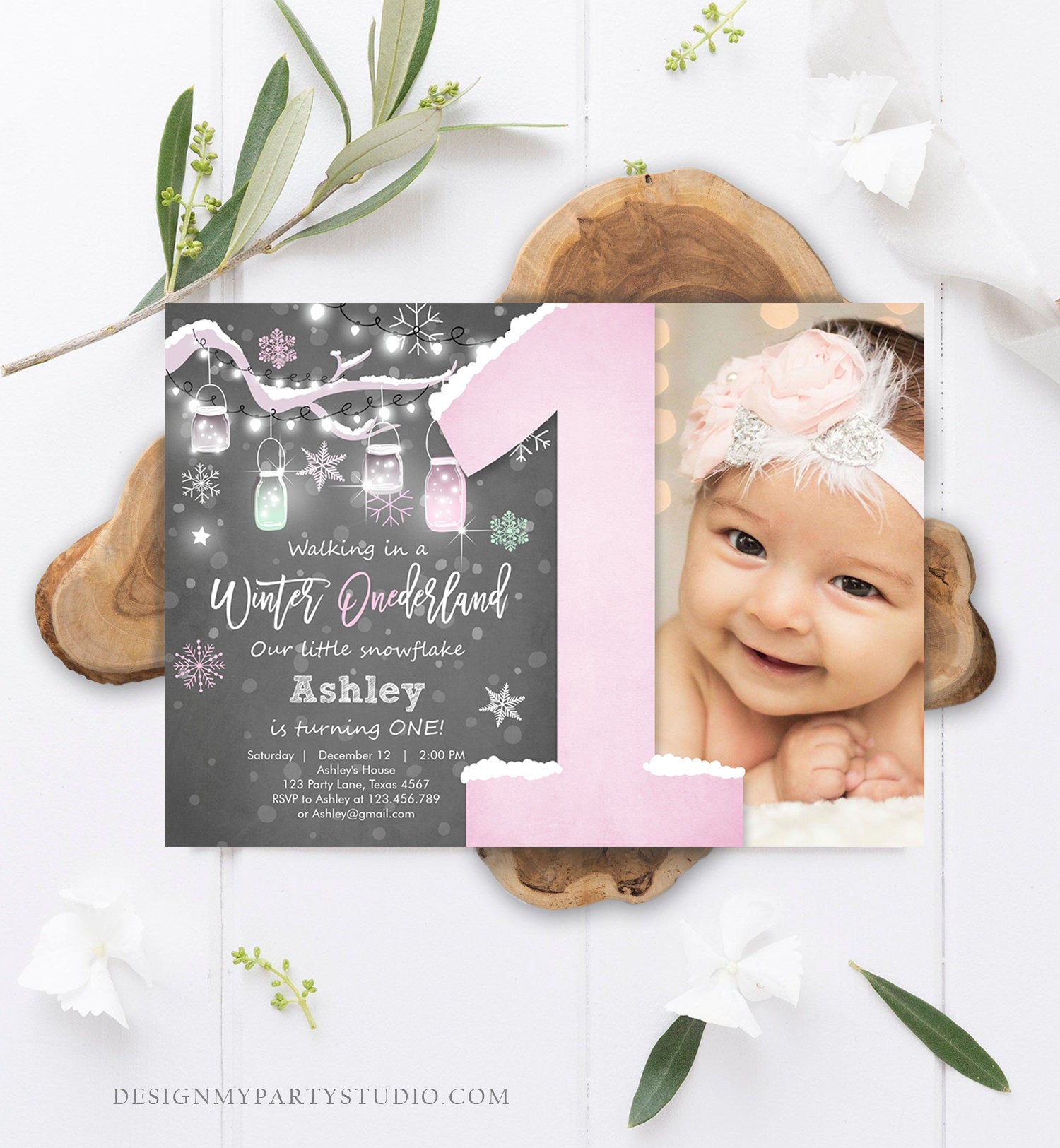 Editable Winter ONEderland Birthday Invitation First Birthday Snowflake Girl Pink Download Printable Invitation Template Corjl 0066