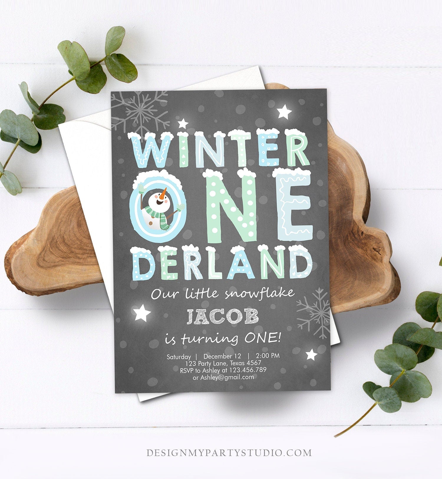 Editable Winter ONEderland Birthday Invitation First Birthday Snowman Boy Blue Download Printable Invitation Template Digital Corjl 0075