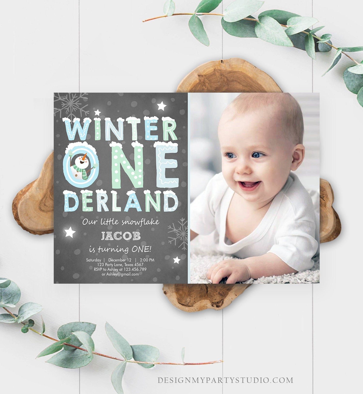 Editable Winter ONEderland Birthday Invitation First Birthday Snowman Boy Blue Download Printable Invitation Template Digital Corjl 0075