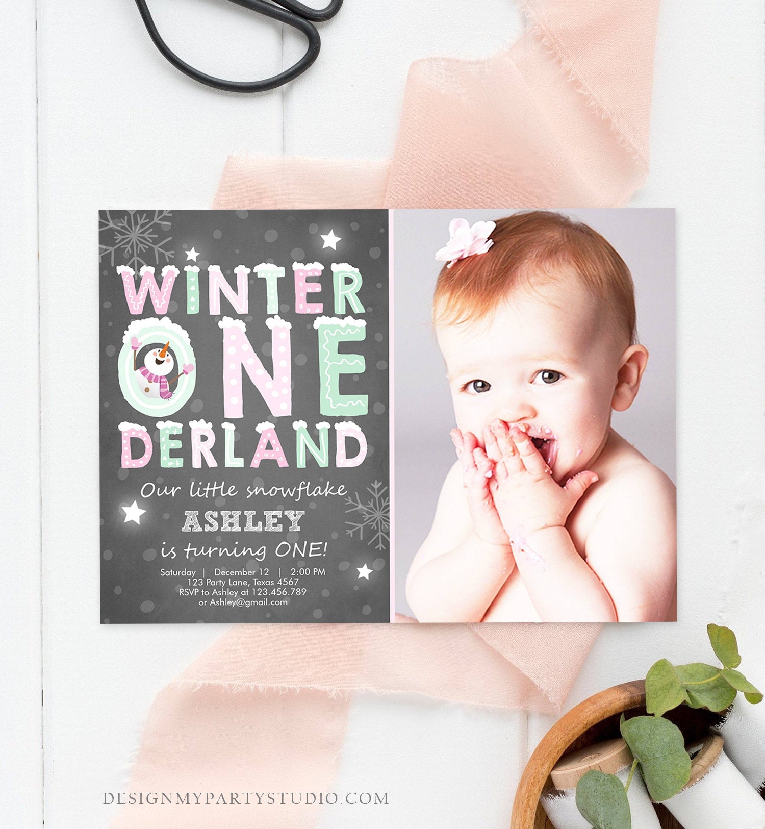 Editable Winter ONEderland Birthday Invitation First Birthday Snowman Girl Pink Mint Download Printable Invitation Template Corjl 0075