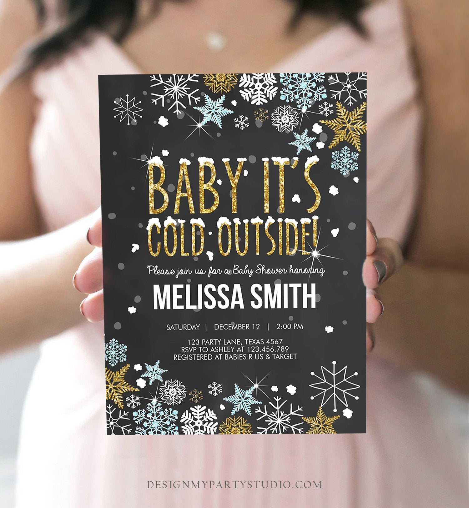 Editable Winter Baby Shower Invitation Baby Its Cold Outside Blue Gold Glitter Boy Winter Snow Template Instant Download Digital Corjl 0033