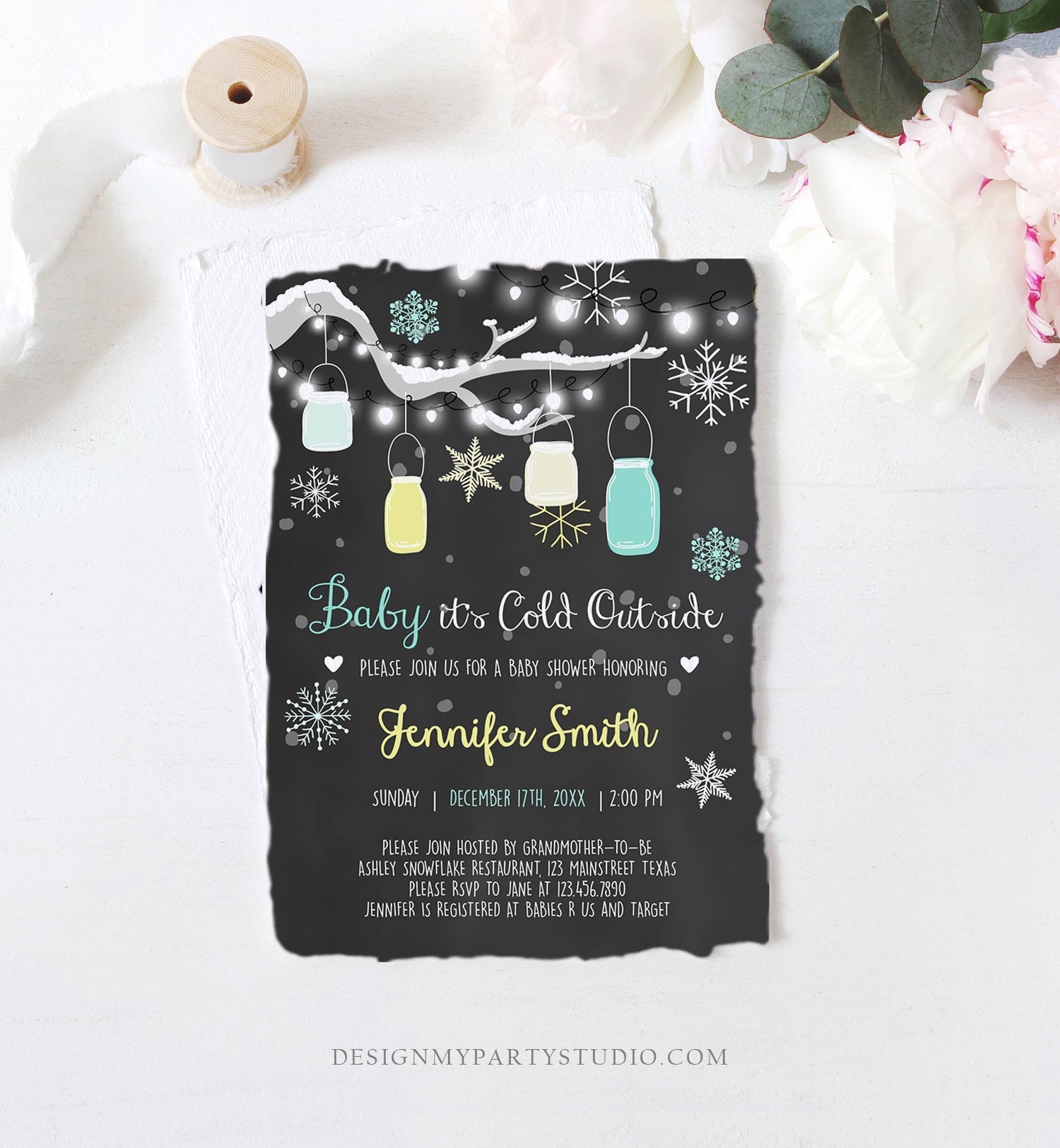 Editable Baby Its Cold Outside Baby Shower Invitation Mint Winter Snow Gender Neutral Invite Template Instant Download Digital Corjl 0012