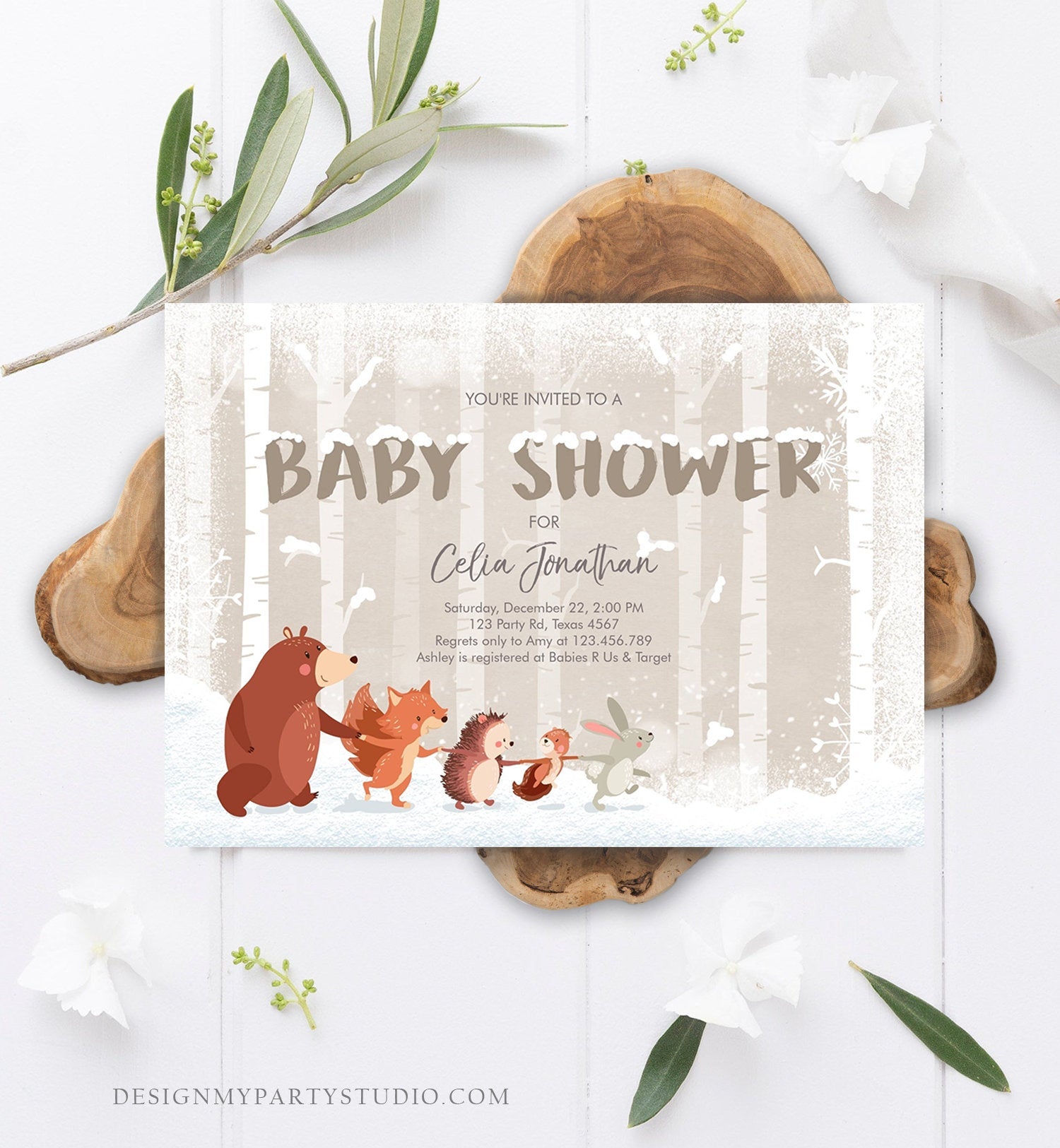 Editable Winter Woodland Baby shower invitation Forest Animals Gender Neutral Snowflakes Invite Rustic Template Download Digital Corjl 0040