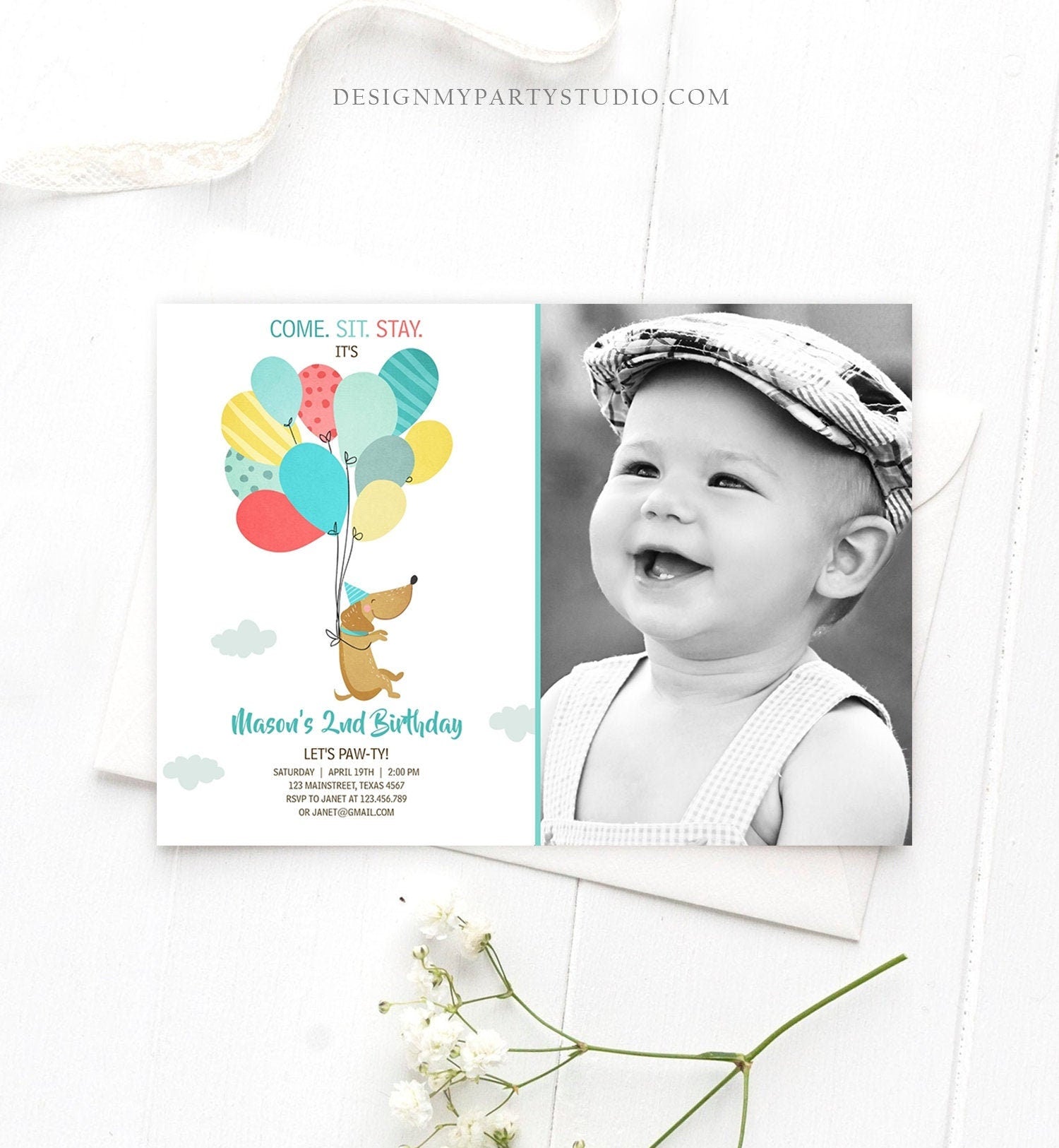 Editable Dog Invitation Dog Party Puppy Party Invite Dog Birthday paw-ty Invite Blue Boy Dog Theme Download Printable Template Corjl 0279