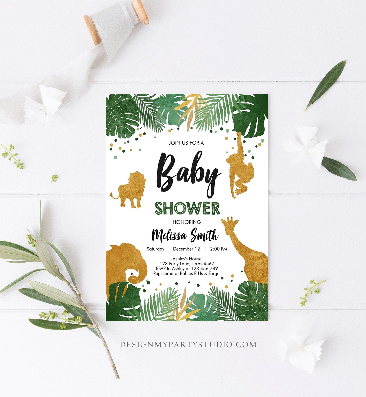 Editable Safari Animals Baby Shower Invitation Wild One Jungle Zoo Wild Animals Black Gold Boy Corjl Template Instant Download Digital 0016