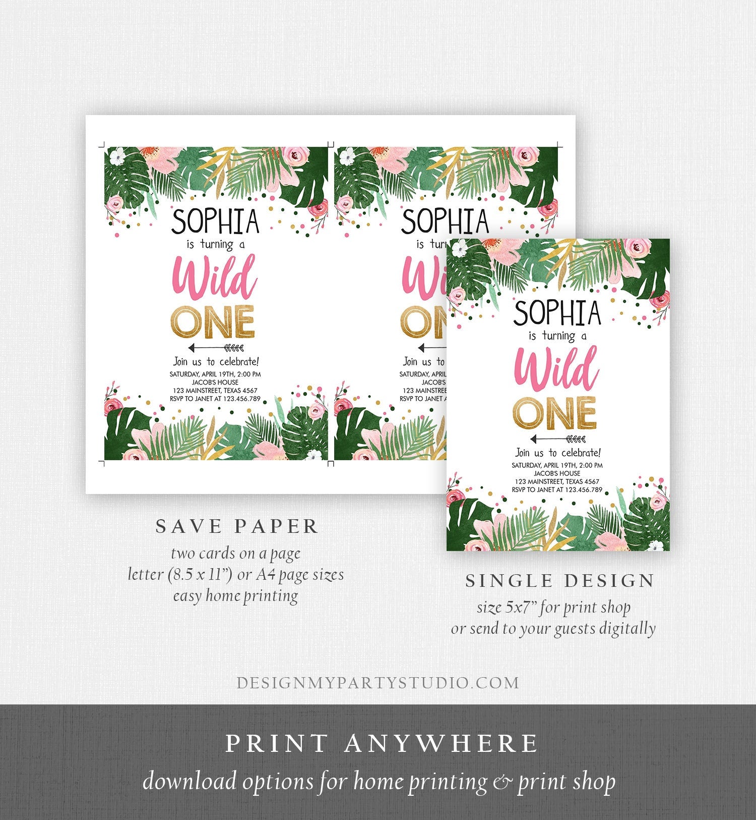 Editable Wild One Birthday Invitation Girl Safari Jungle Zoo Tropical Party Leaves Pink Gold First Birthday 1st Corjl Template 0332