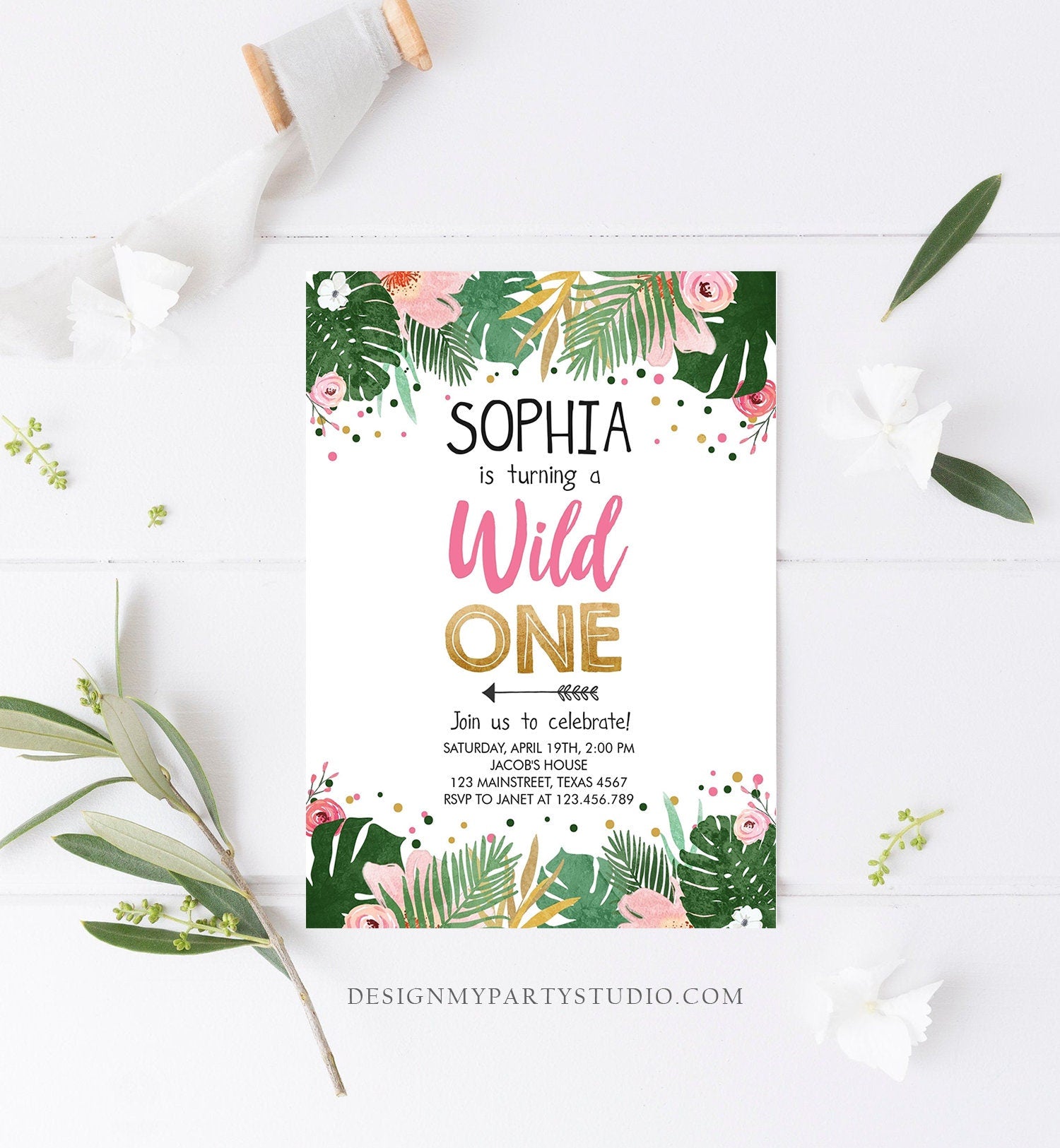 Editable Wild One Birthday Invitation Girl Safari Jungle Zoo Tropical Party Leaves Pink Gold First Birthday 1st Corjl Template 0332