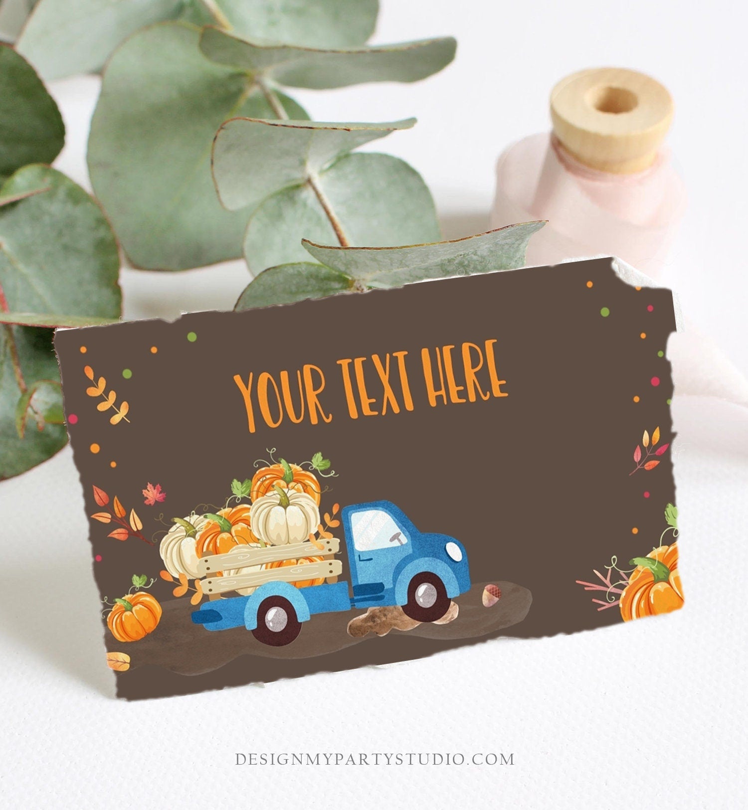 Editable Pumpkin Food Labels Pumpkin Truck Birthday Place Card Fall Harvest Autumn Tent Card Shower Blue Boy Corjl Printable Template 0153