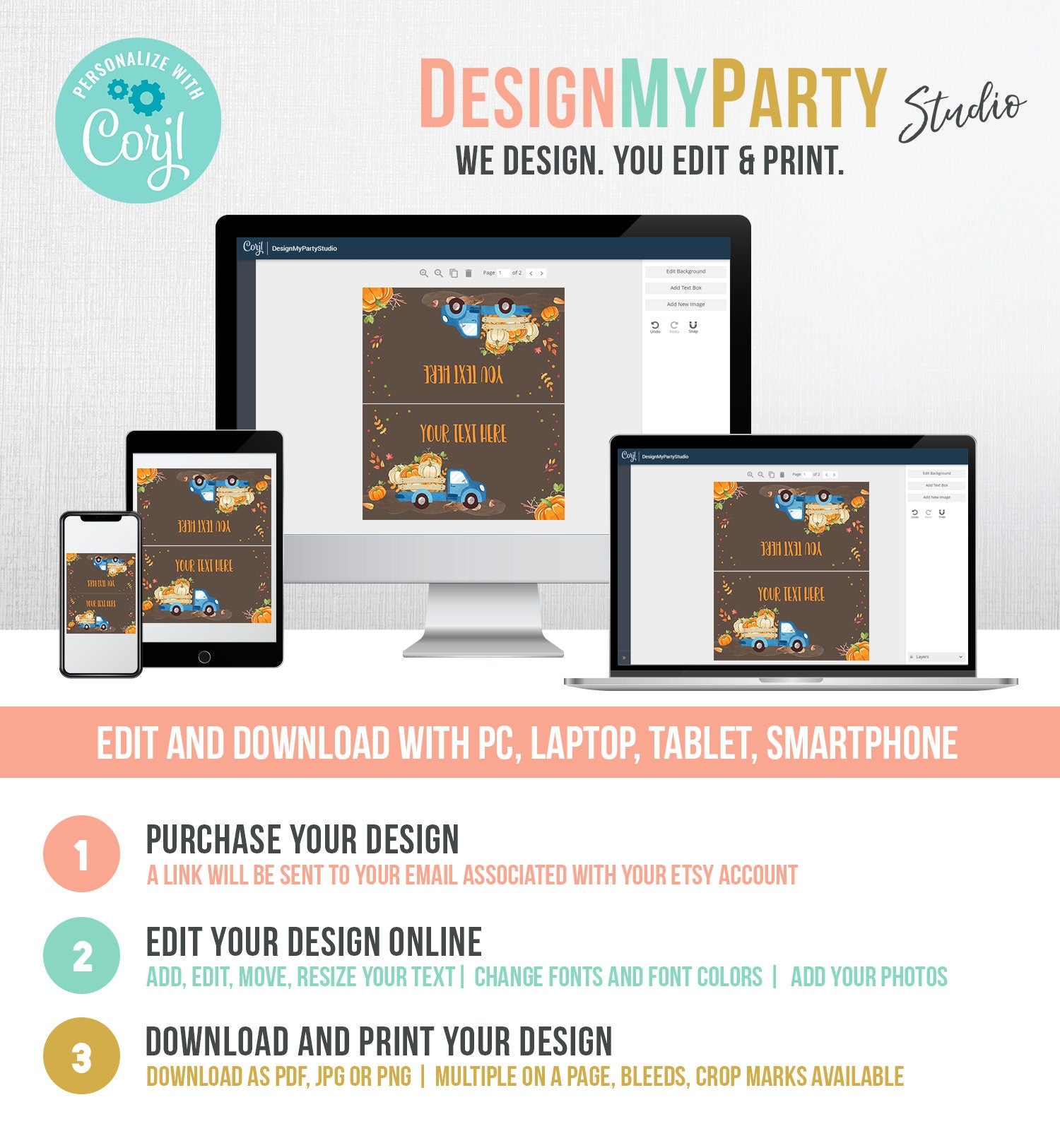 Editable Pumpkin Food Labels Pumpkin Truck Birthday Place Card Fall Harvest Autumn Tent Card Shower Blue Boy Corjl Printable Template 0153