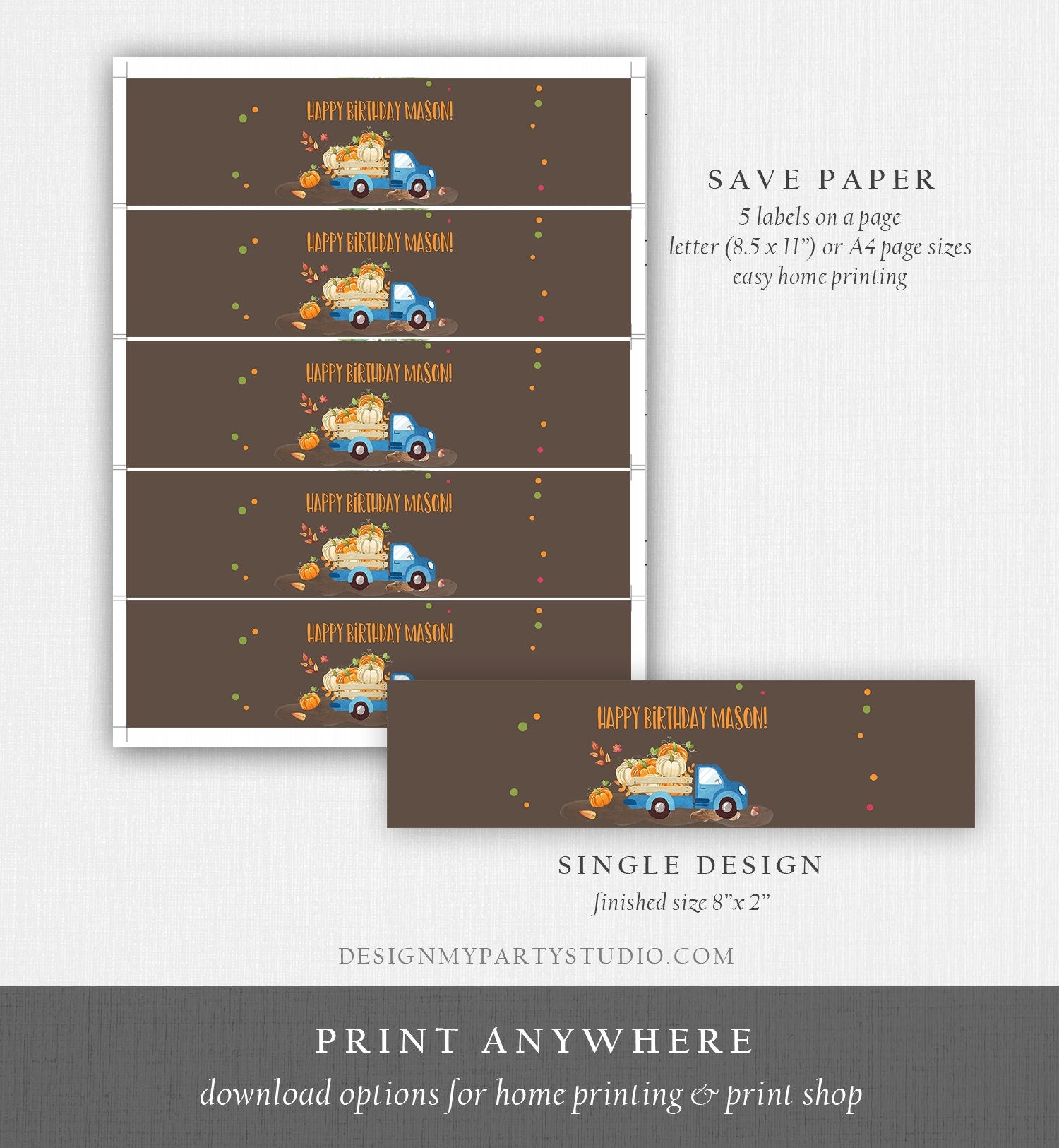 Editable Pumpkin Water Bottle Labels Pumpkin Boy Blue Truck Drink Tags Fall Autumn Label Pumpkin Birthday Fall Harvest Corjl Template 0153