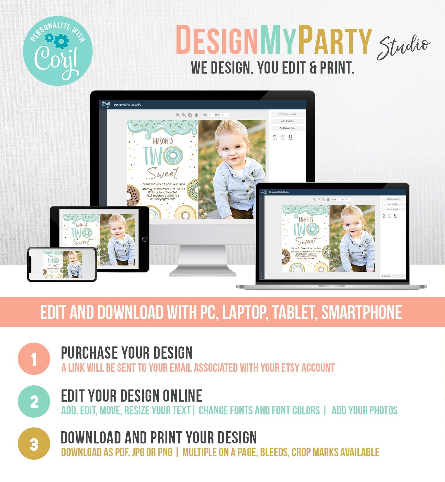 Editable Donut Two Sweet Birthday Invitation Second Birthday Party Blue Boy Doughnut 2nd Pastel Photo Download Printable Template Corjl 0050