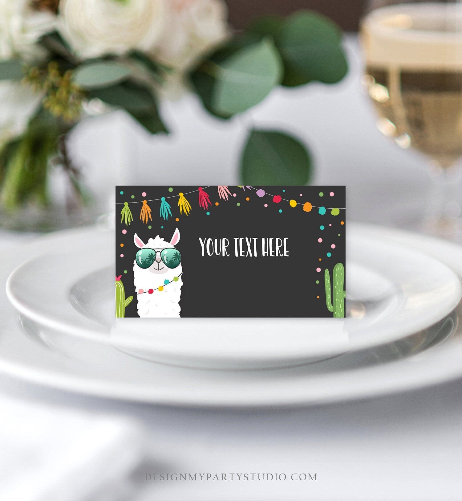 Editable Llama Food Labels Llama Place Card Tent Card Escort Card Llama Birthday Fiesta Party Mexican Black Girl Cactus Template Corjl 0079
