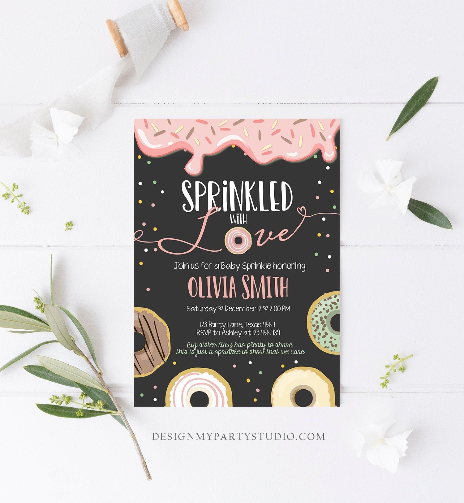 Editable Donut Sprinkled With Love Baby Shower Invitation Sprinkle Donut Diapers Coed Girl Pink Pastel Download Printable Corj Template 0320