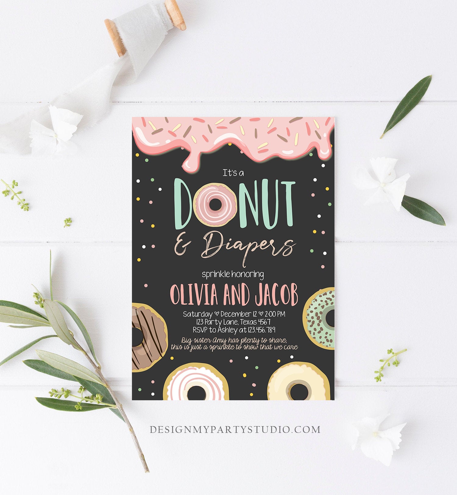 Editable Donut and Diapers Baby Shower Invitation Sprinkle Sprinkled With Love Coed Girl Pink Pastel Download Printable Corj Template 0320