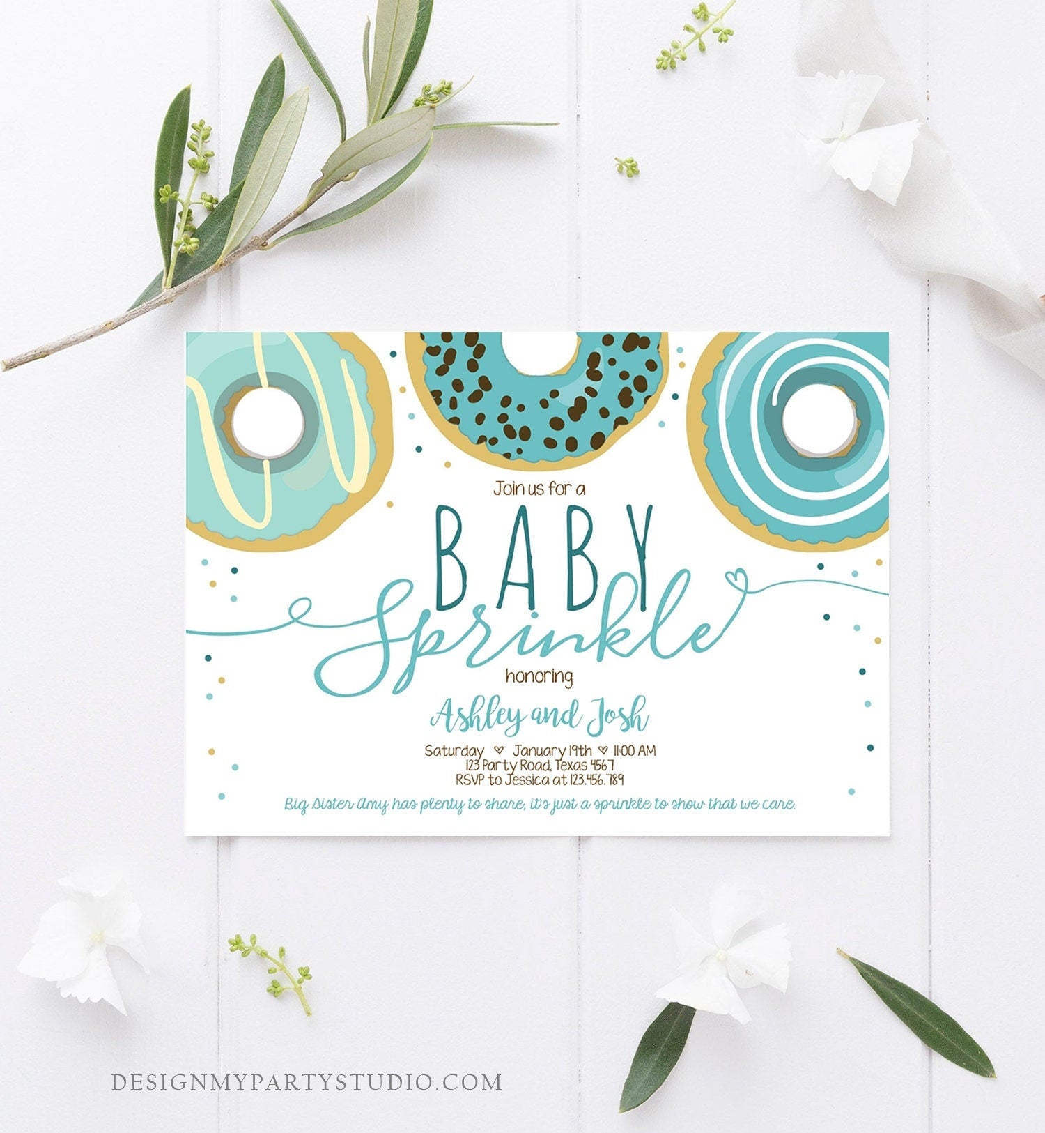 Editable Baby Sprinkle Baby Shower Invitation Sprinkled With Love Donut and Diapers Coed Boy Blue Download Printable Corj Template 0050