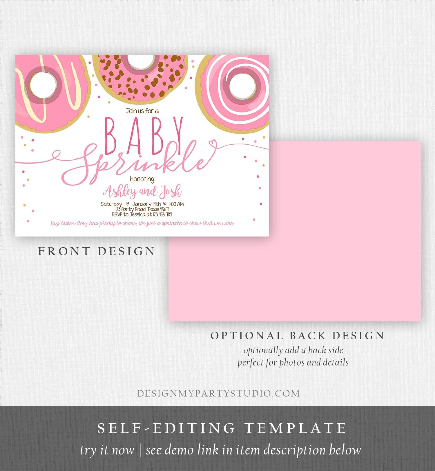Editable Baby Sprinkle Baby Shower Invitation Sprinkled With Love Donut and Diapers Coed Girl Pink Download Printable Corj Template 0050