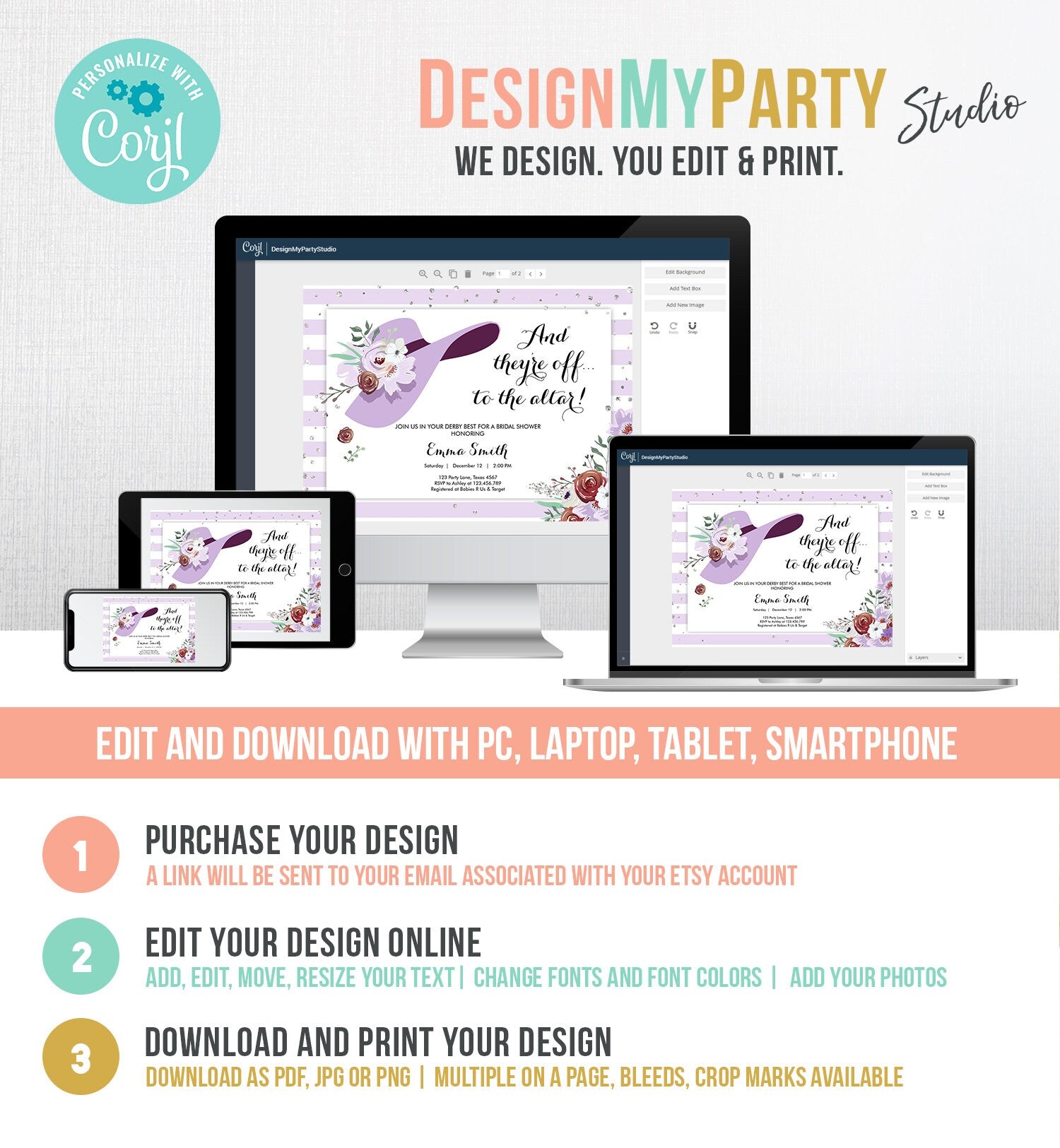 Editable Bridal Shower Invitation Derby Wear a Hat Horse races Floral Flowers Lavender Silver Glitter Download Printable Template Corjl 0249