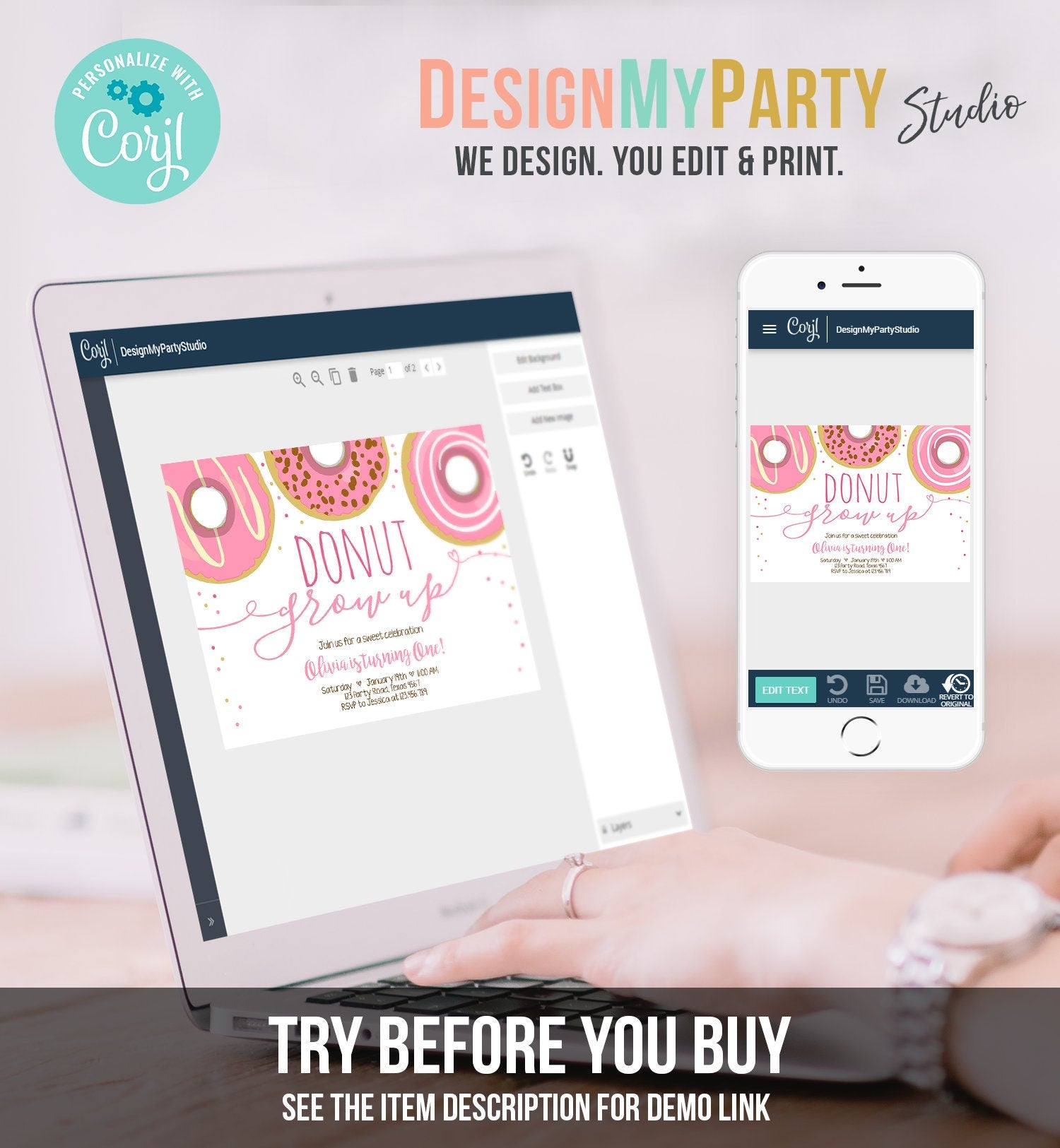Editable Donut Grow Up Birthday Invitation First Birthday Party Girl Pink Doughnut 1st Pastel Photo Download Printable Template Corjl 0050