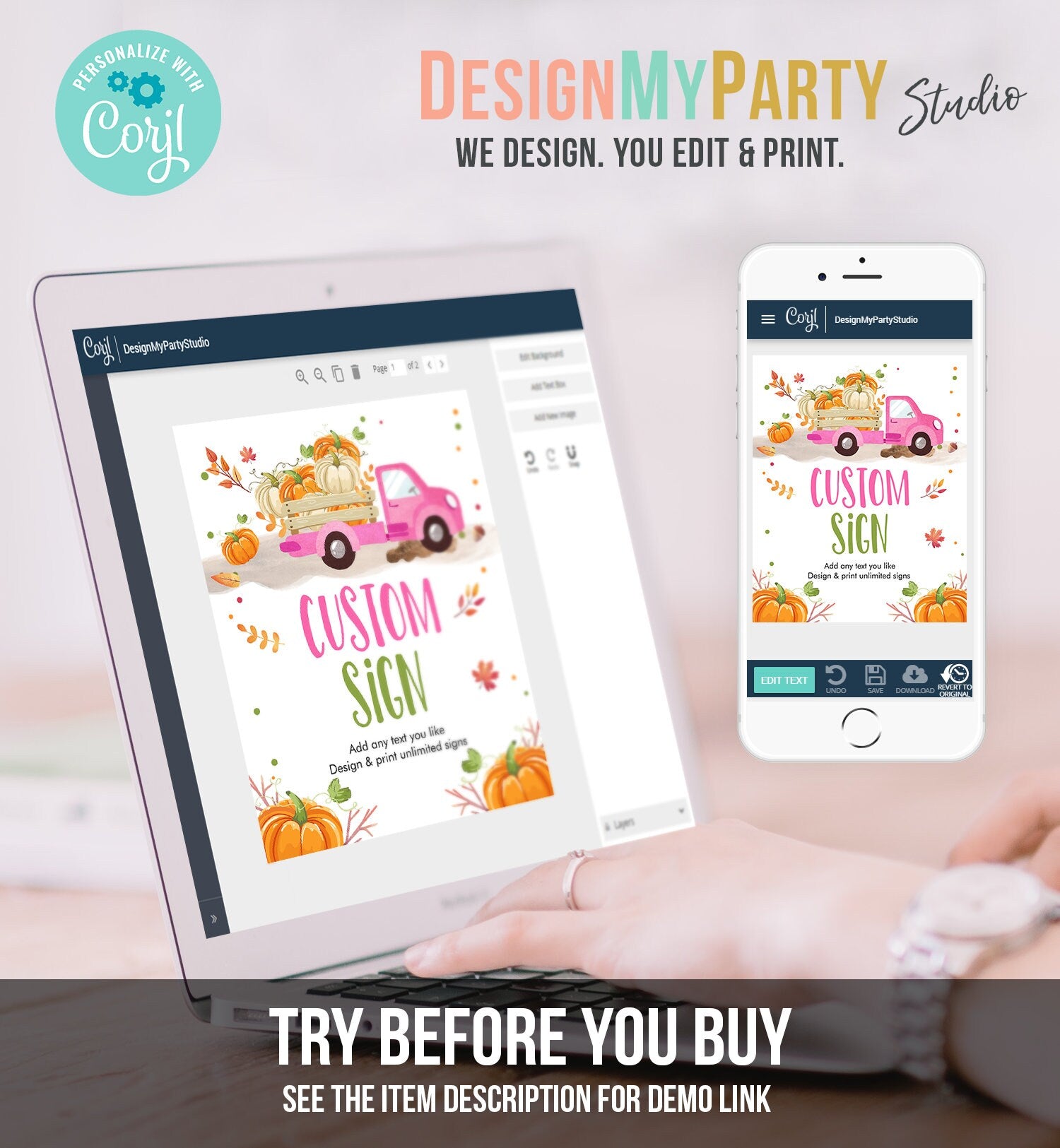 Editable Custom Sign Pumpkin Pink Truck Table Sign Pumpkin Fall Decor 1st Birthday Girl Pumpkin Party 8x10 Download PRINTABLE Corjl 0153