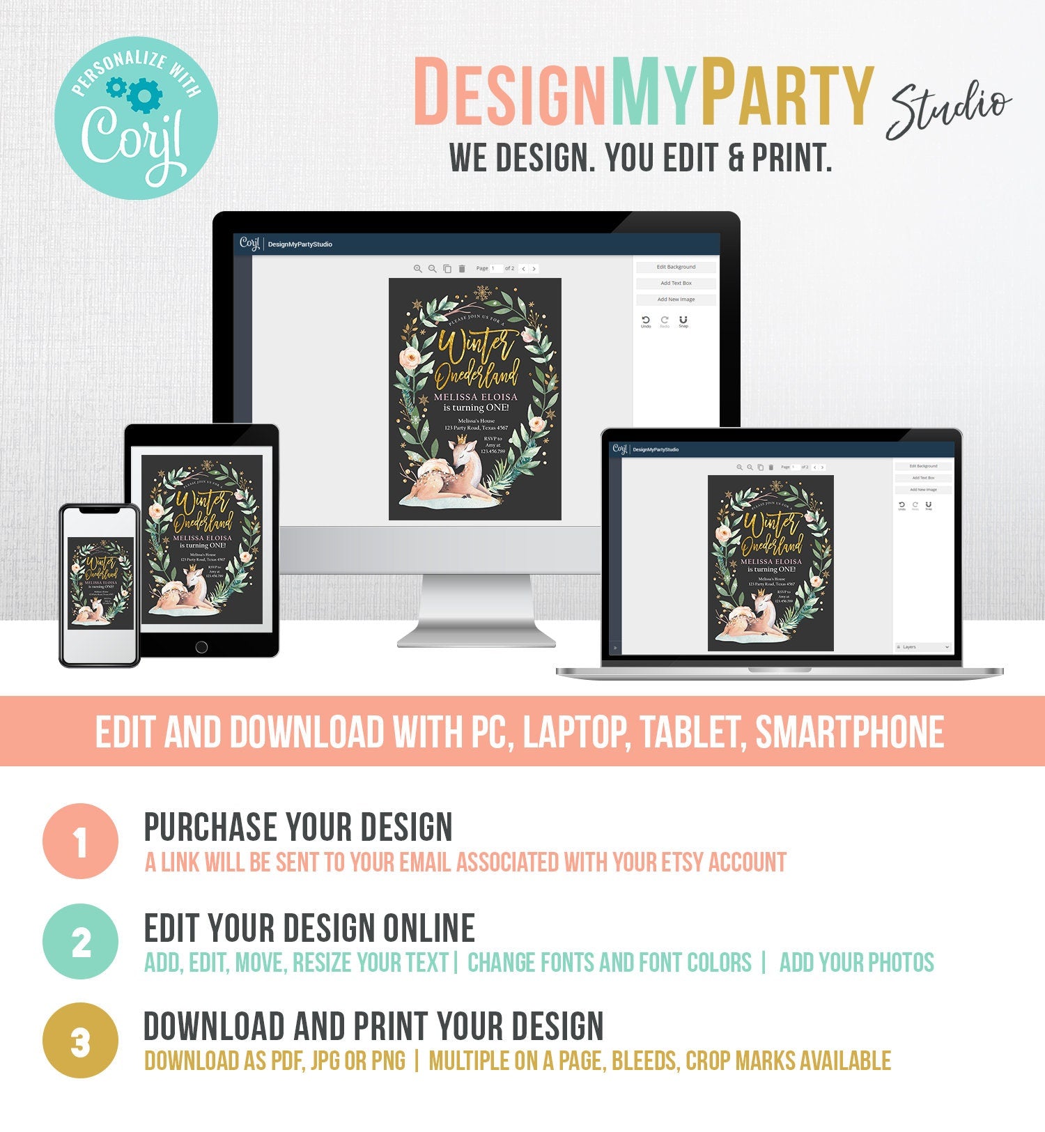 Editable Winter ONEderland Birthday Invitation Deer First Birthday Snowflakes Girl Pink Gold Foil Printable Invitation Template Corjl 0265