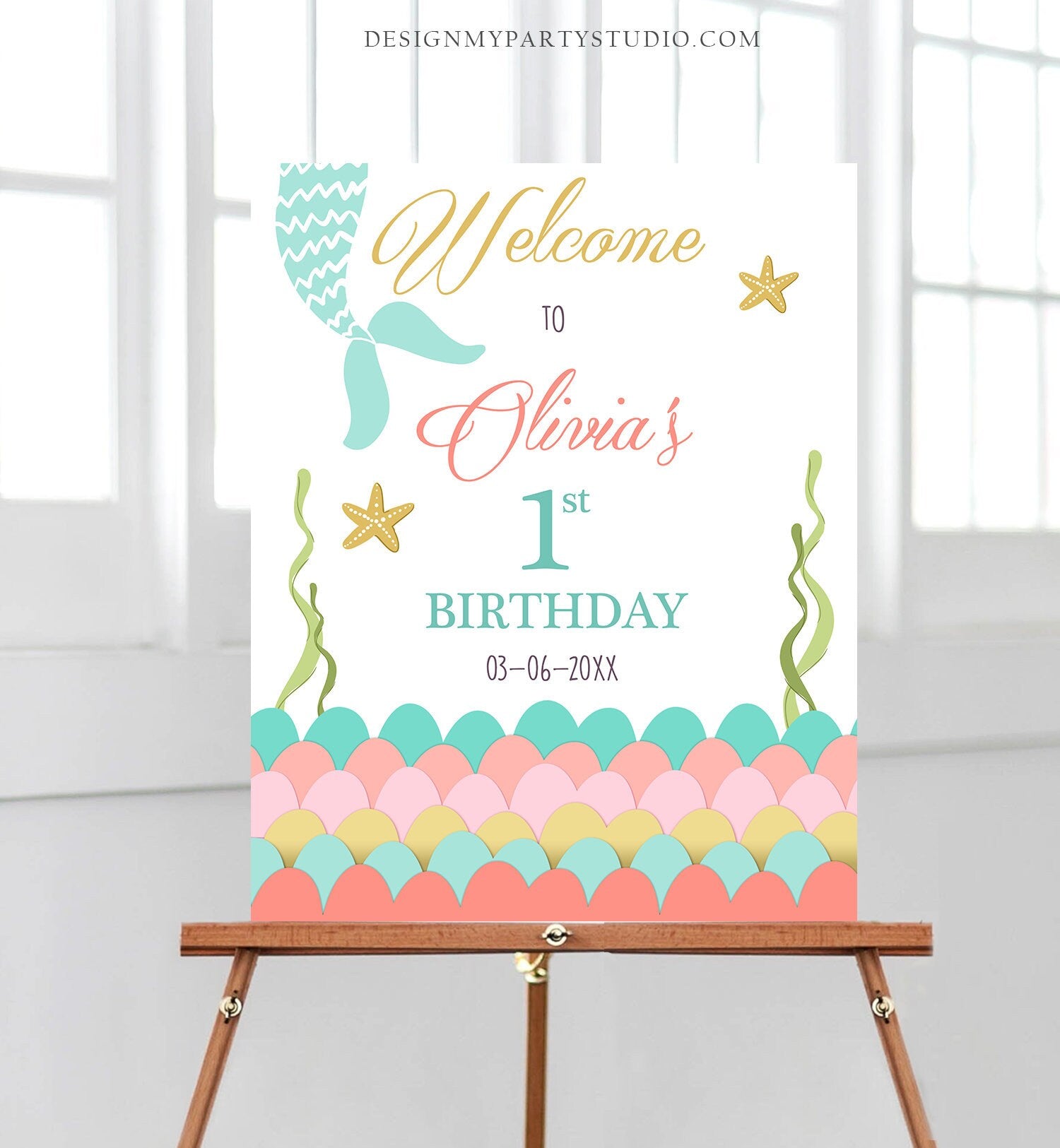 Editable Mermaid Birthday Welcome Sign Girl Mermaid Birthday Welcome Sign Under The Sea Coral Mermaid Tail Template Corjl PRINTABLE 0021