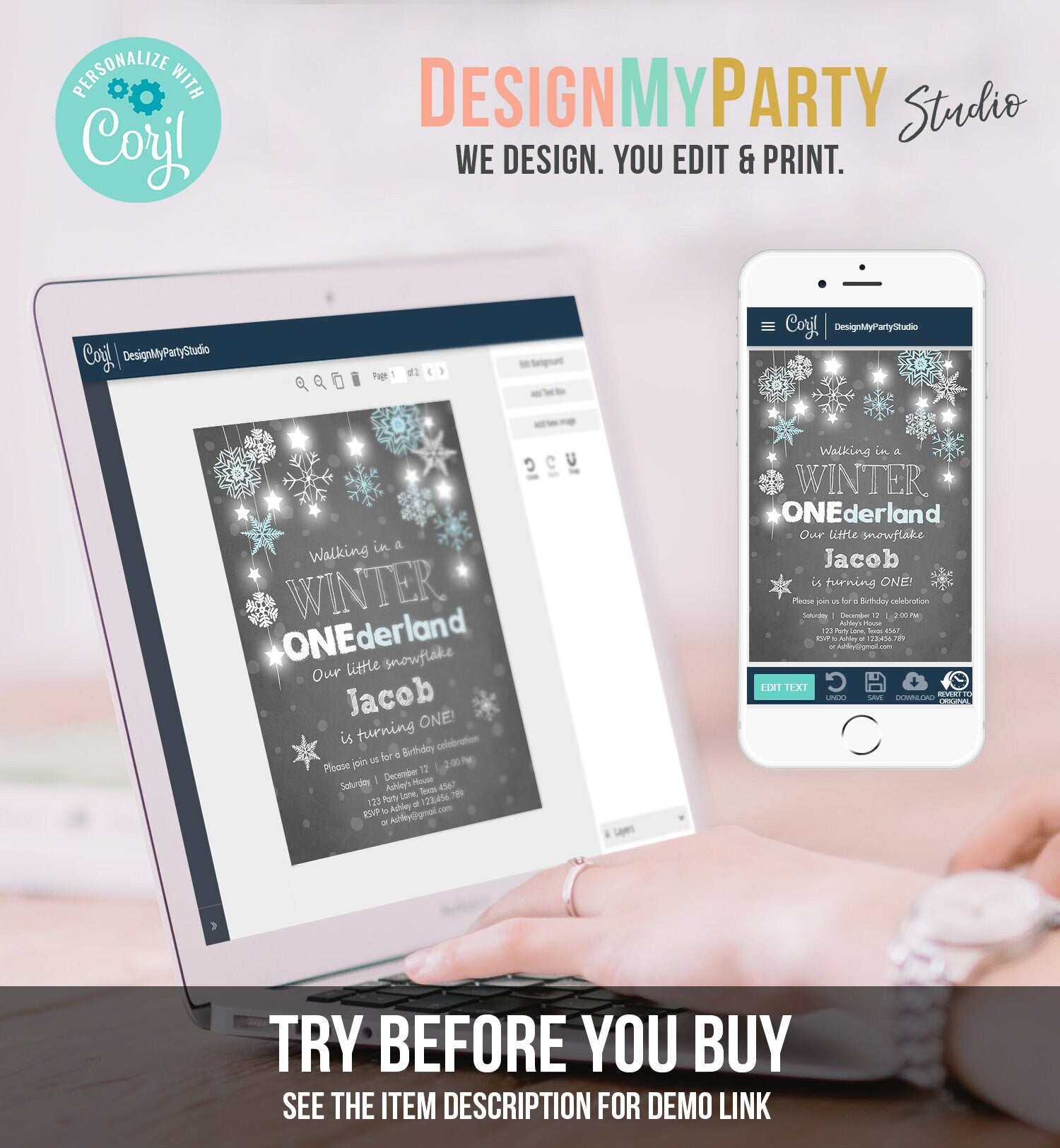 Editable ANY AGE Winter ONEderland Birthday Invitation Boy First Birthday Snowflake Stars Download Printable Invitation Template Corjl 0057