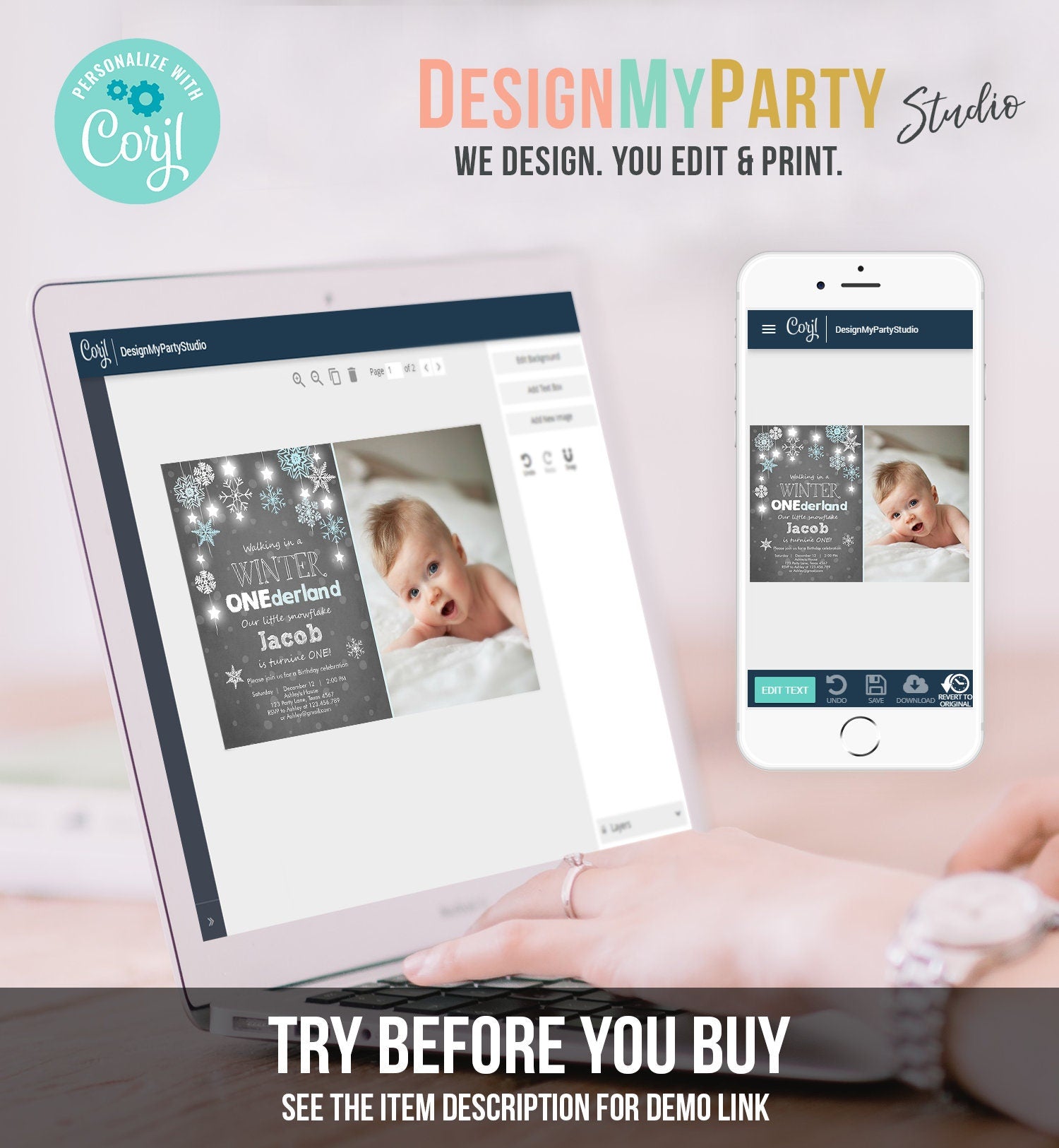 Editable ANY AGE Winter ONEderland Birthday Invitation Boy First Birthday Snowflake Stars Download Printable Invitation Template Corjl 0057