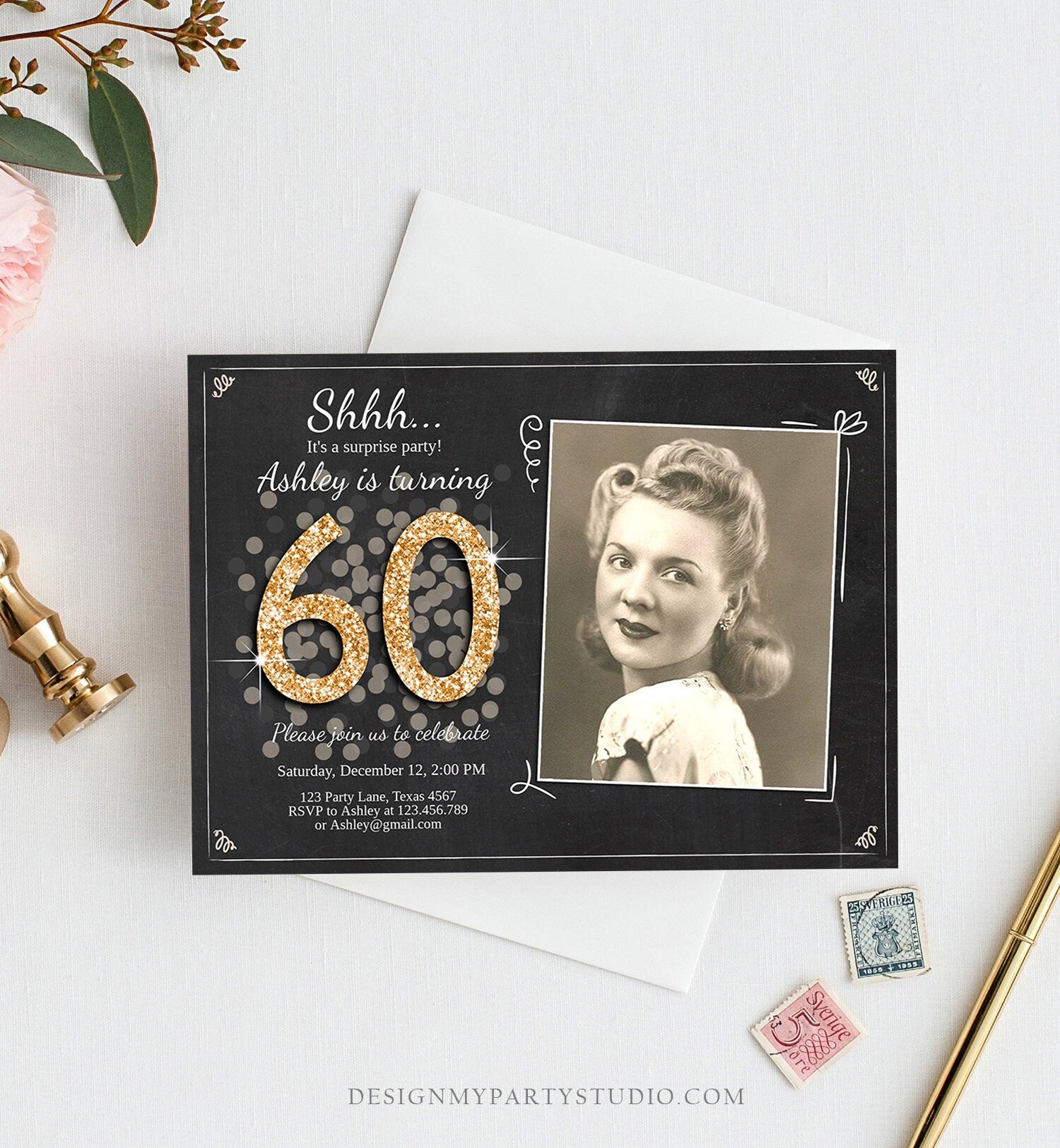Editable ANY AGE Surprise Birthday Invitation Adult 60th Party Rustic Chalk Black Gold Glitter Photo Download Printable Corjl Template 0103