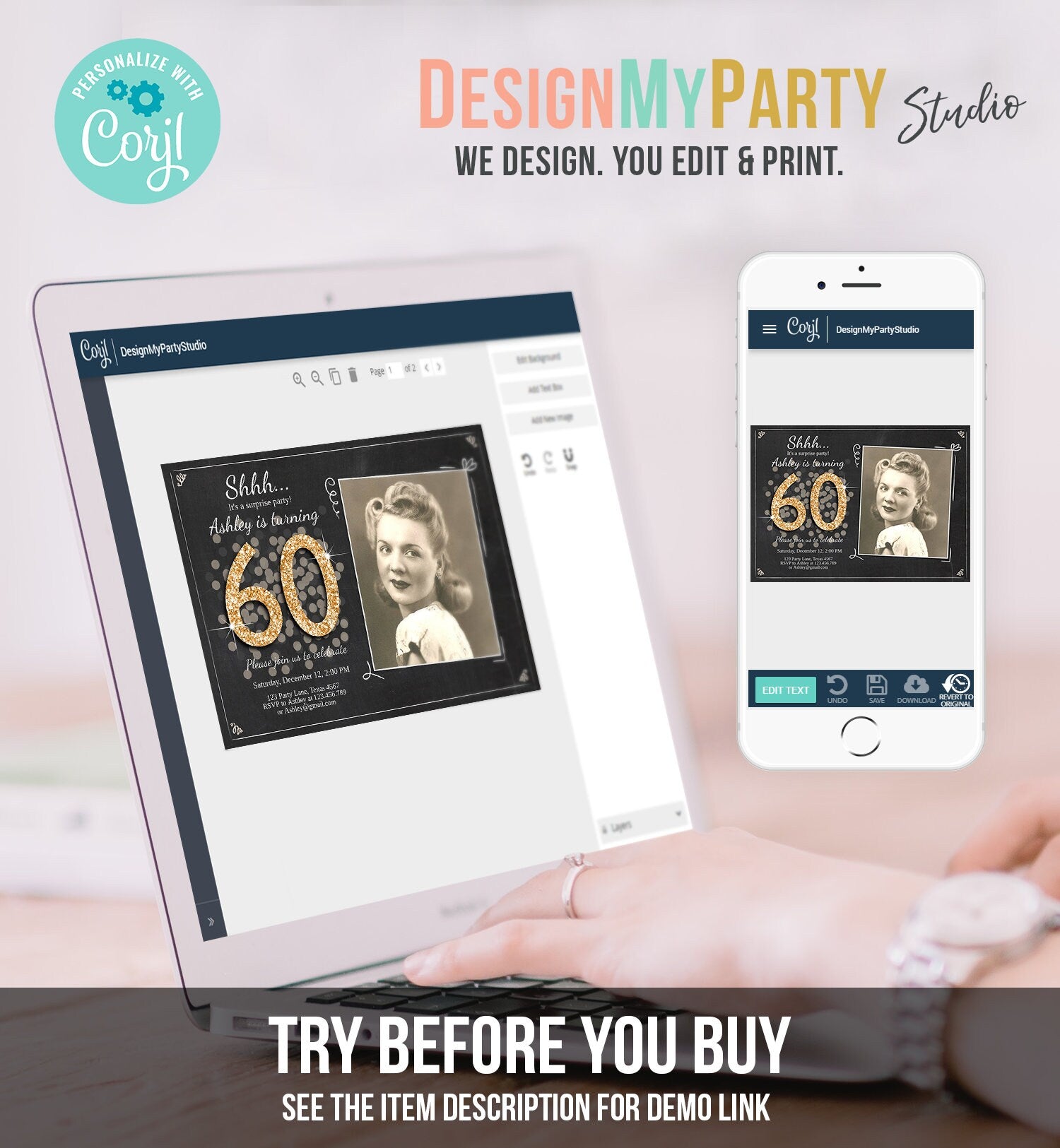 Editable ANY AGE Surprise Birthday Invitation Adult 60th Party Rustic Chalk Black Gold Glitter Photo Download Printable Corjl Template 0103