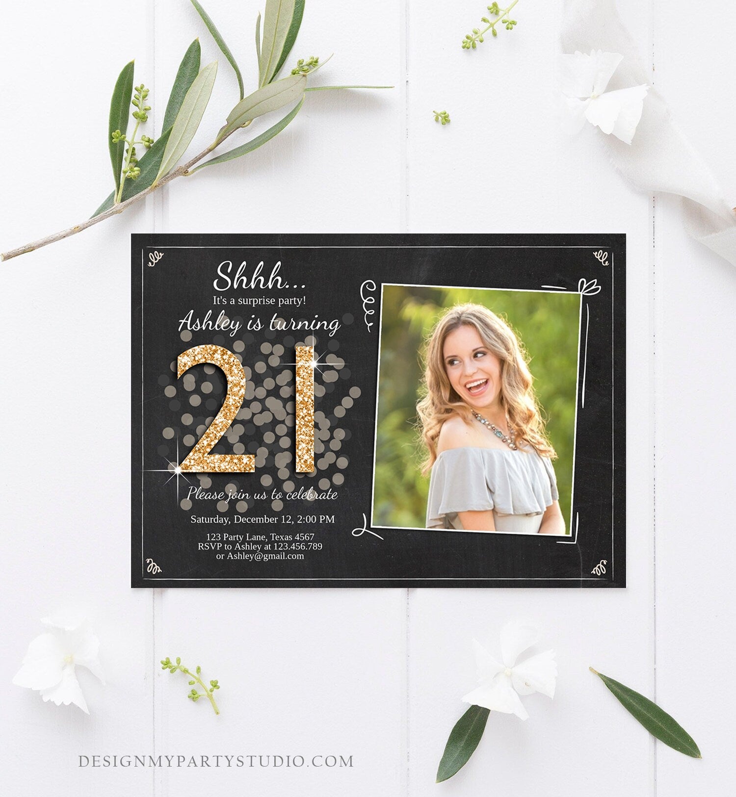 Editable ANY AGE Surprise Birthday Invitation Adult 21th Party Rustic Chalk Black Gold Glitter Photo Download Printable Corjl Template 0103