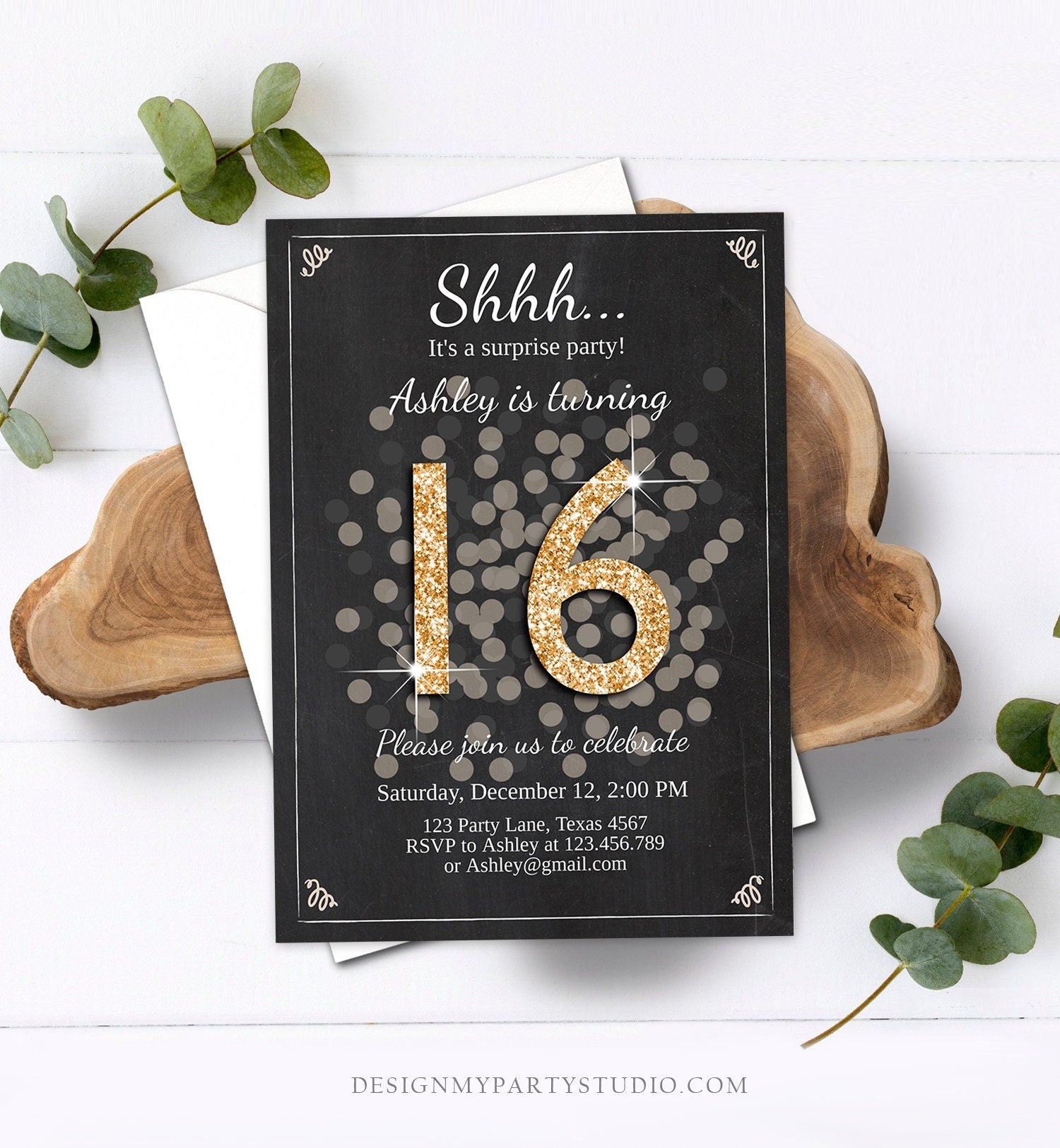 Editable ANY AGE Surprise Birthday Invitation 16th Sweet Sixteen Party Chalk Black Gold Glitter Photo Download Printable Corjl Template 0103