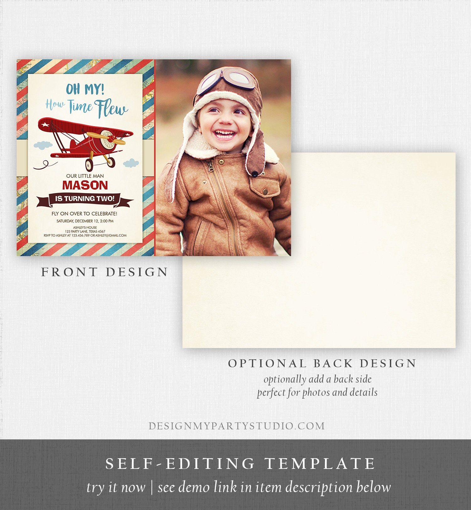 Editable Airplane Birthday Invitation Oh My Time Flew Red Airplane Second Birthday Plane Sky Photo Download Printable Corjl Template 0011