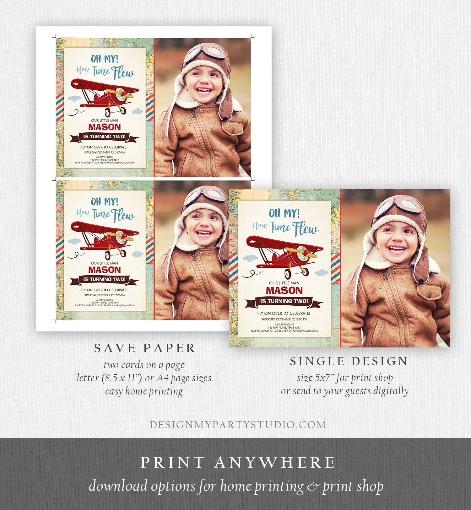 Editable Airplane Birthday Invitation Oh My Time Flew Red Airplane Second Birthday Plane Sky Photo Download Printable Corjl Template 0011