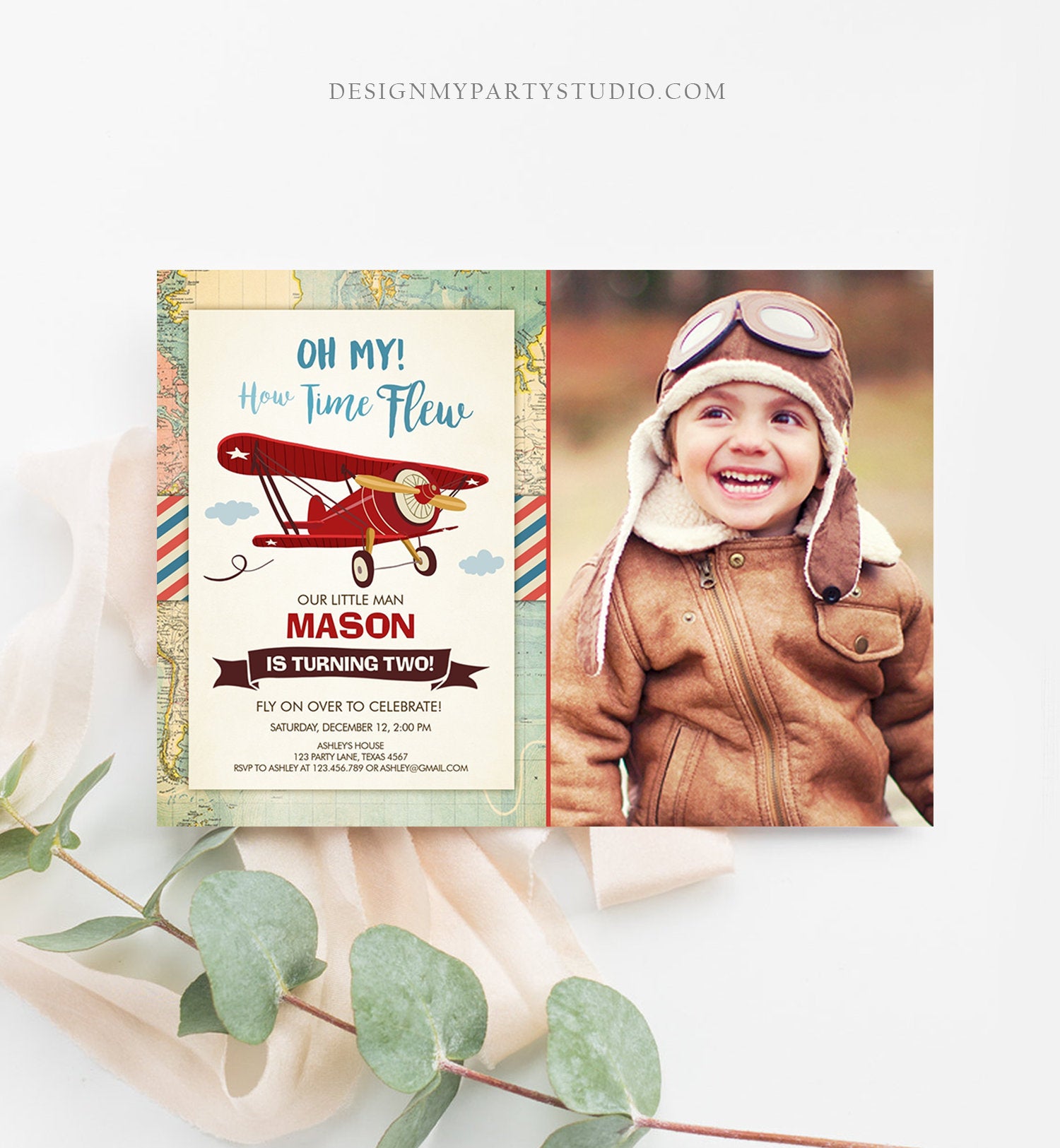 Editable Airplane Birthday Invitation Oh My Time Flew Red Airplane Second Birthday Plane Sky Photo Download Printable Corjl Template 0011