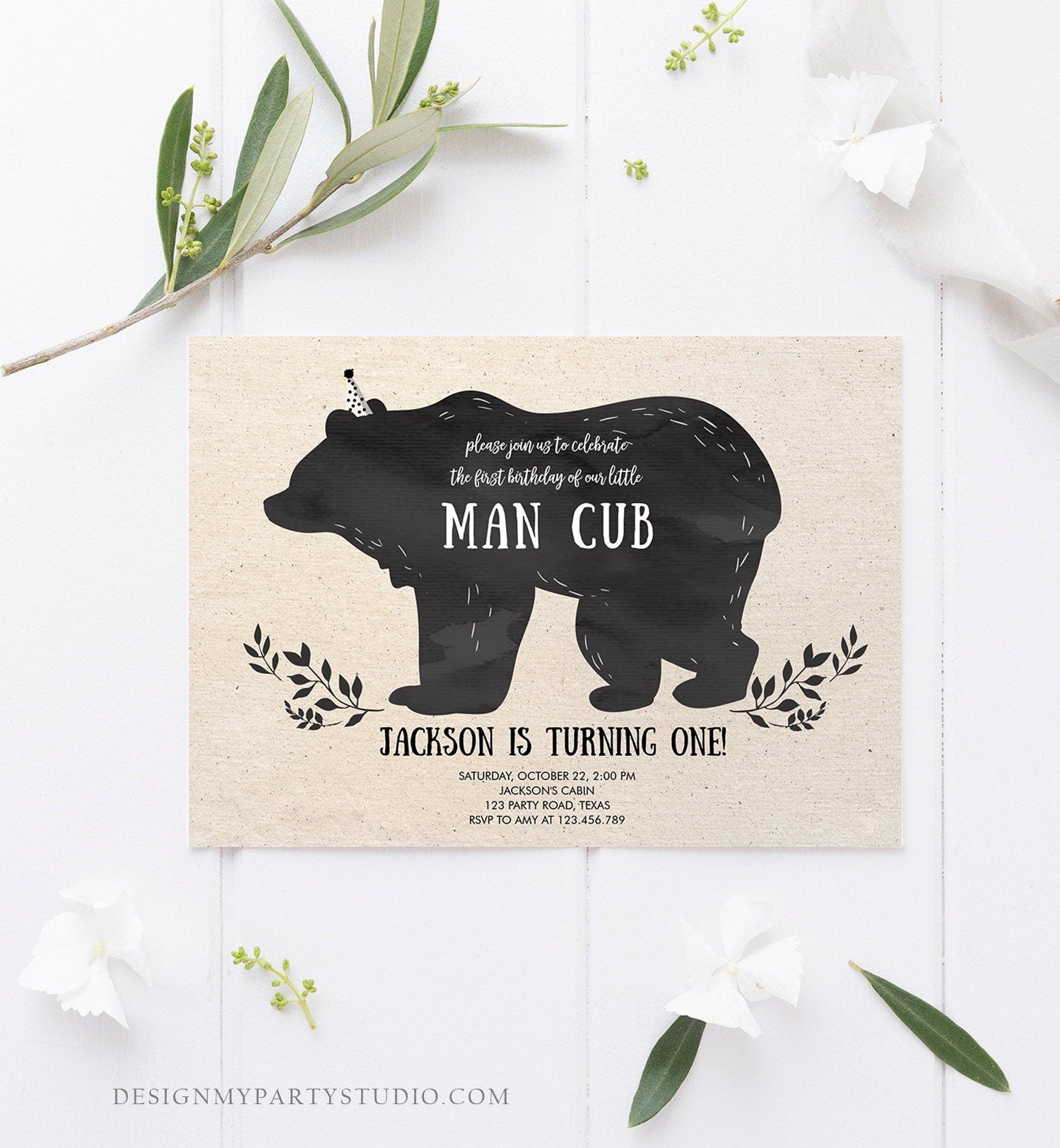Editable Man Cub Birthday Invitation Boy Bear Invitation Little Cub Woodland Bear Party Modern Printable Invite Template Digital Corjl 0267