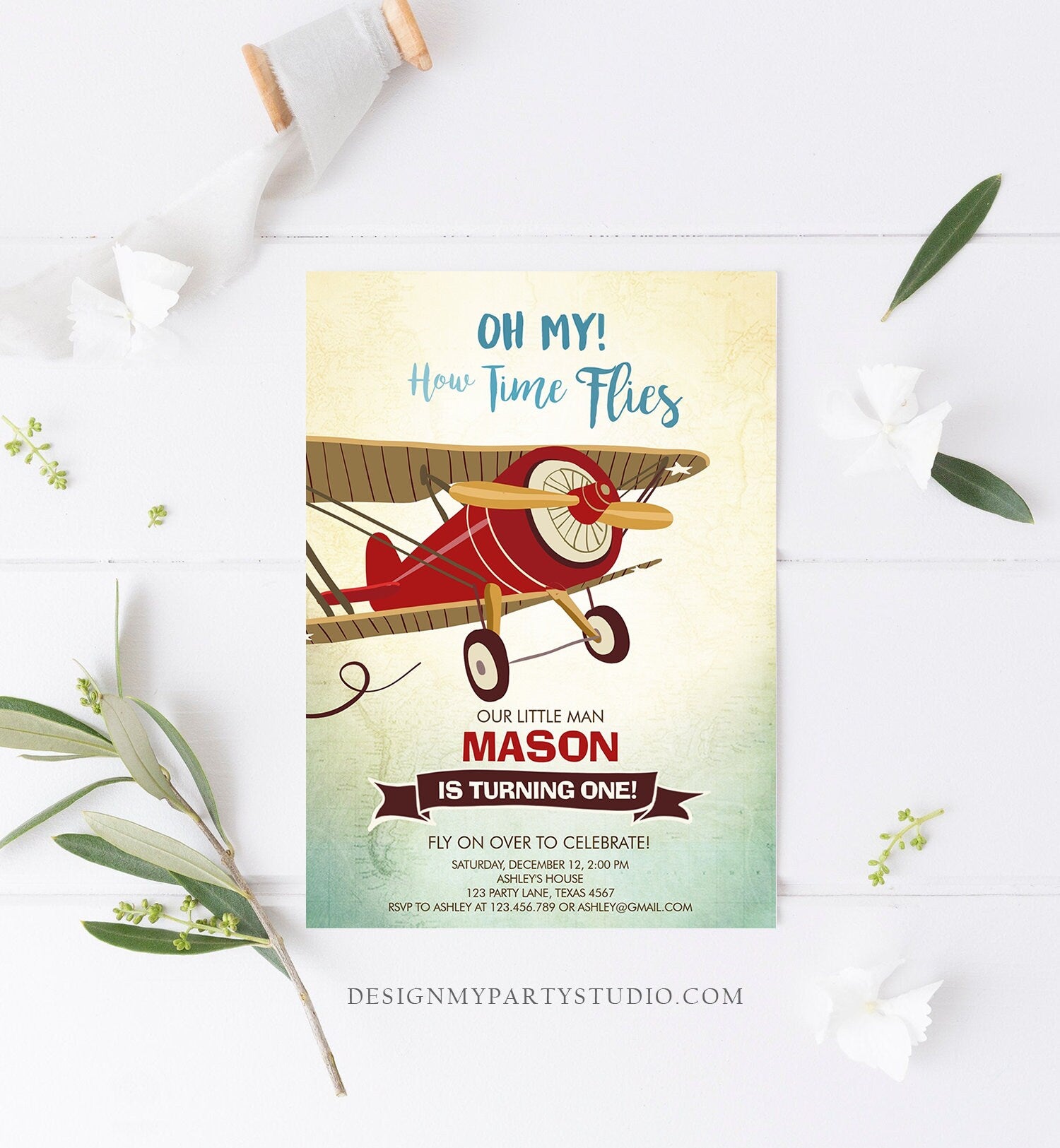 Editable Airplane Birthday Invitation Oh My How Time Flies Vintage Plane Sky 1st Red Biplane Aircraft Wing Download Corjl Template 0011