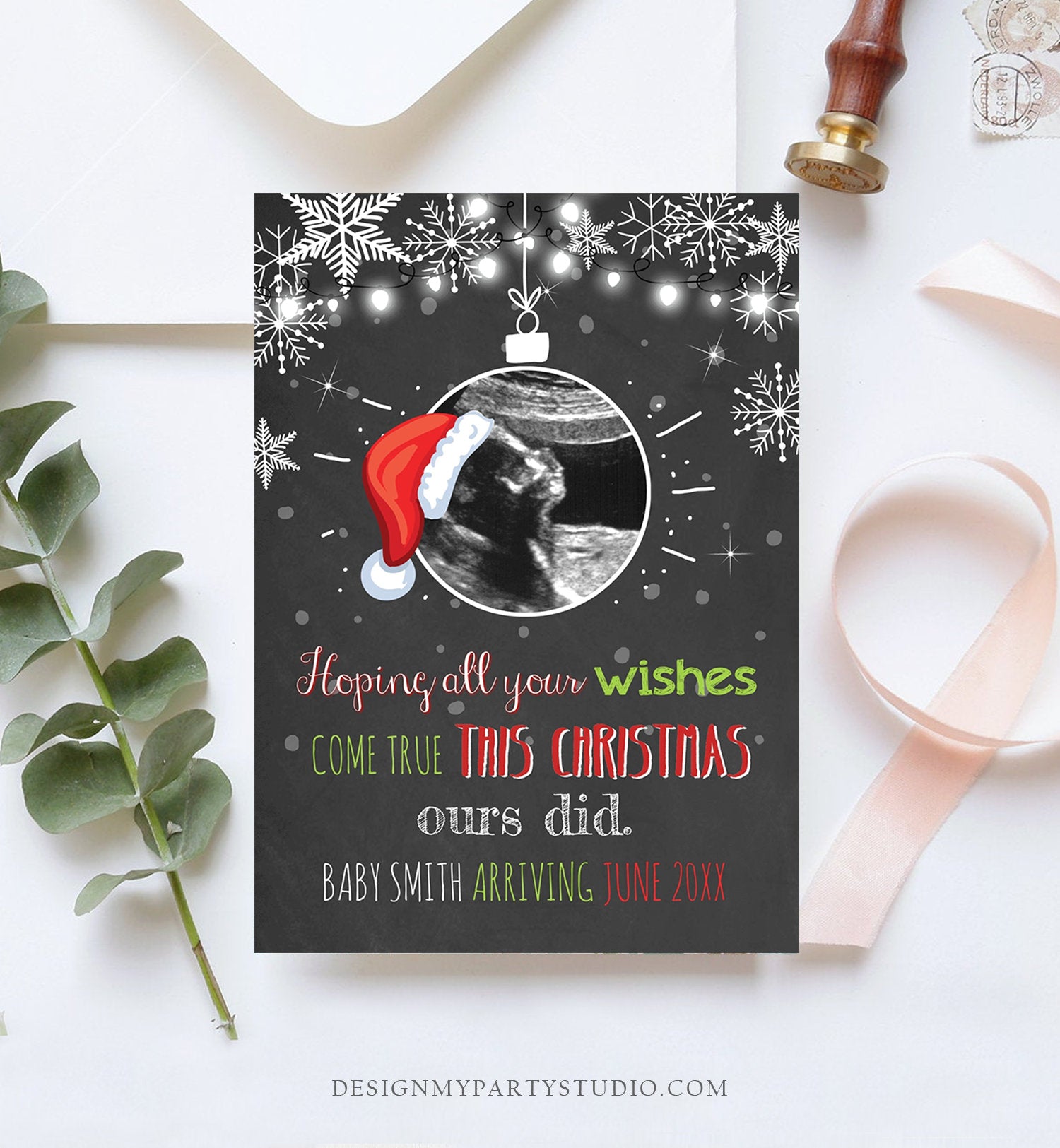 Editable Christmas Pregnancy Announcement Merry Christmas Baby Reveal Family of Three Echo Santa Hat Download Printable Corjl Template 0282
