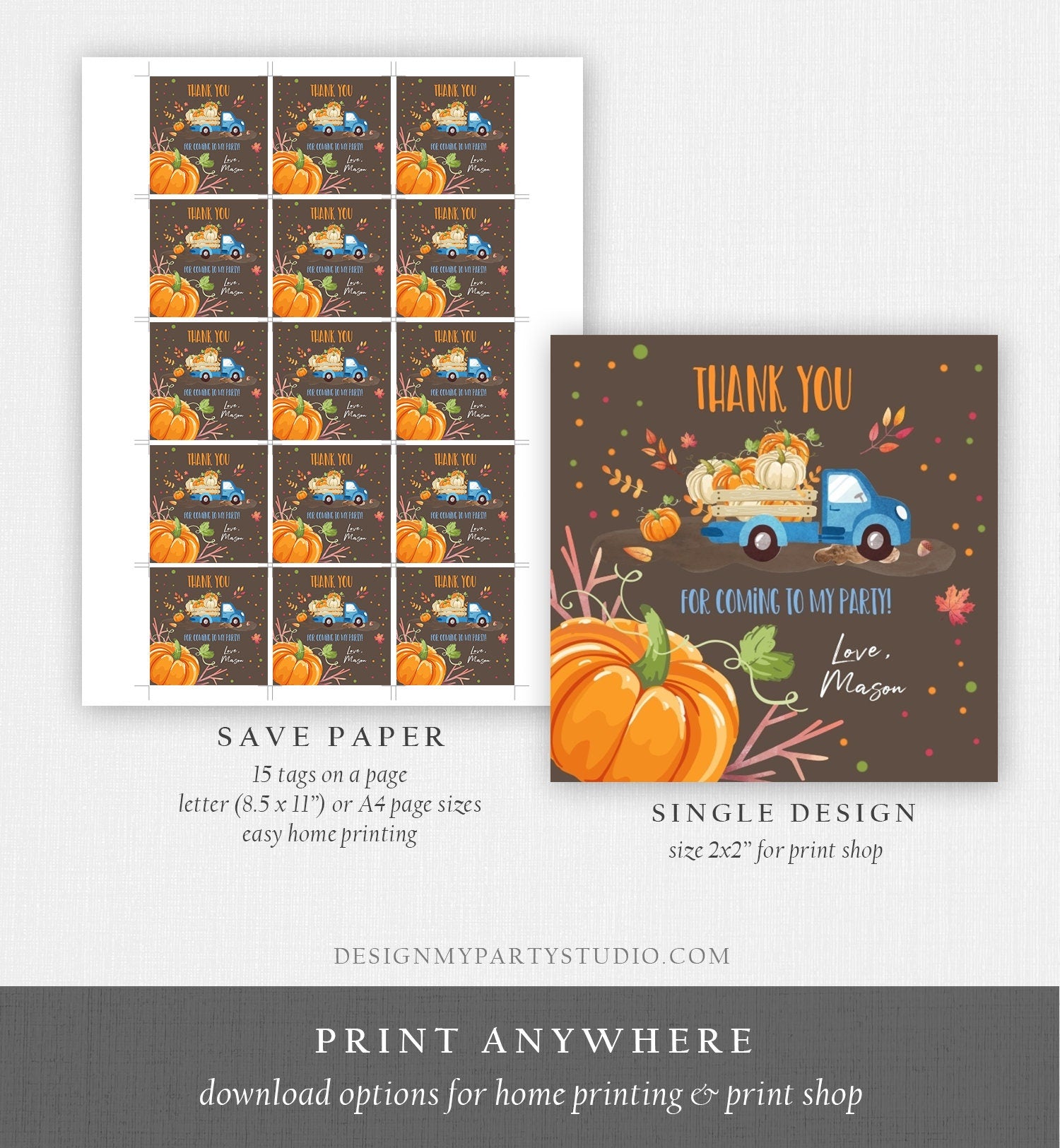 Editable Pumpkin Thank you Tags Pumpkin Truck Stickers Pumpkin Birthday Fall Autumn Blue Brown Boy Favor Tags Template Corjl 0153