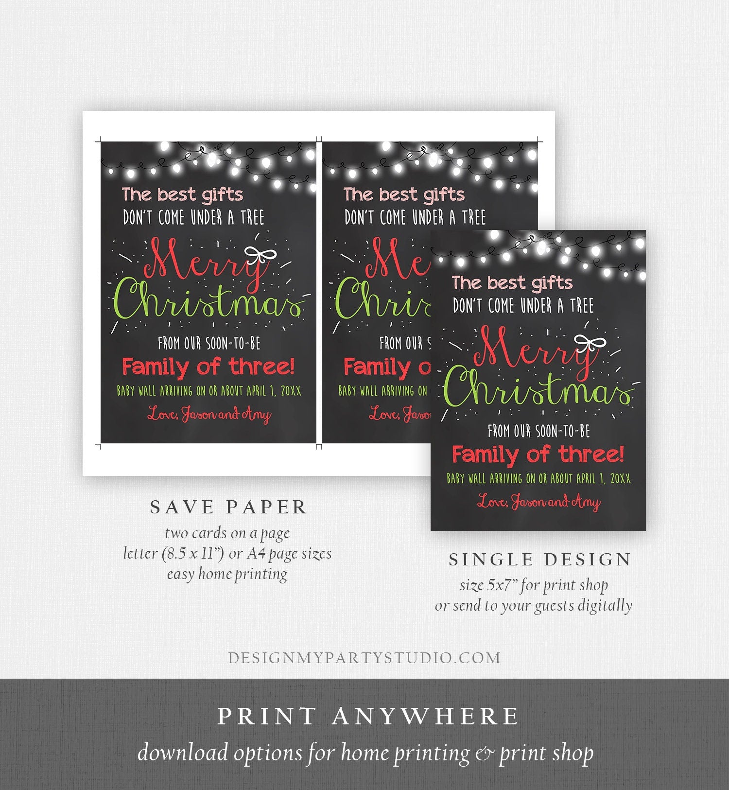 Editable Christmas Pregnancy Announcement Merry Christmas Baby Reveal Family of Three Instant Download Printable Corjl Template