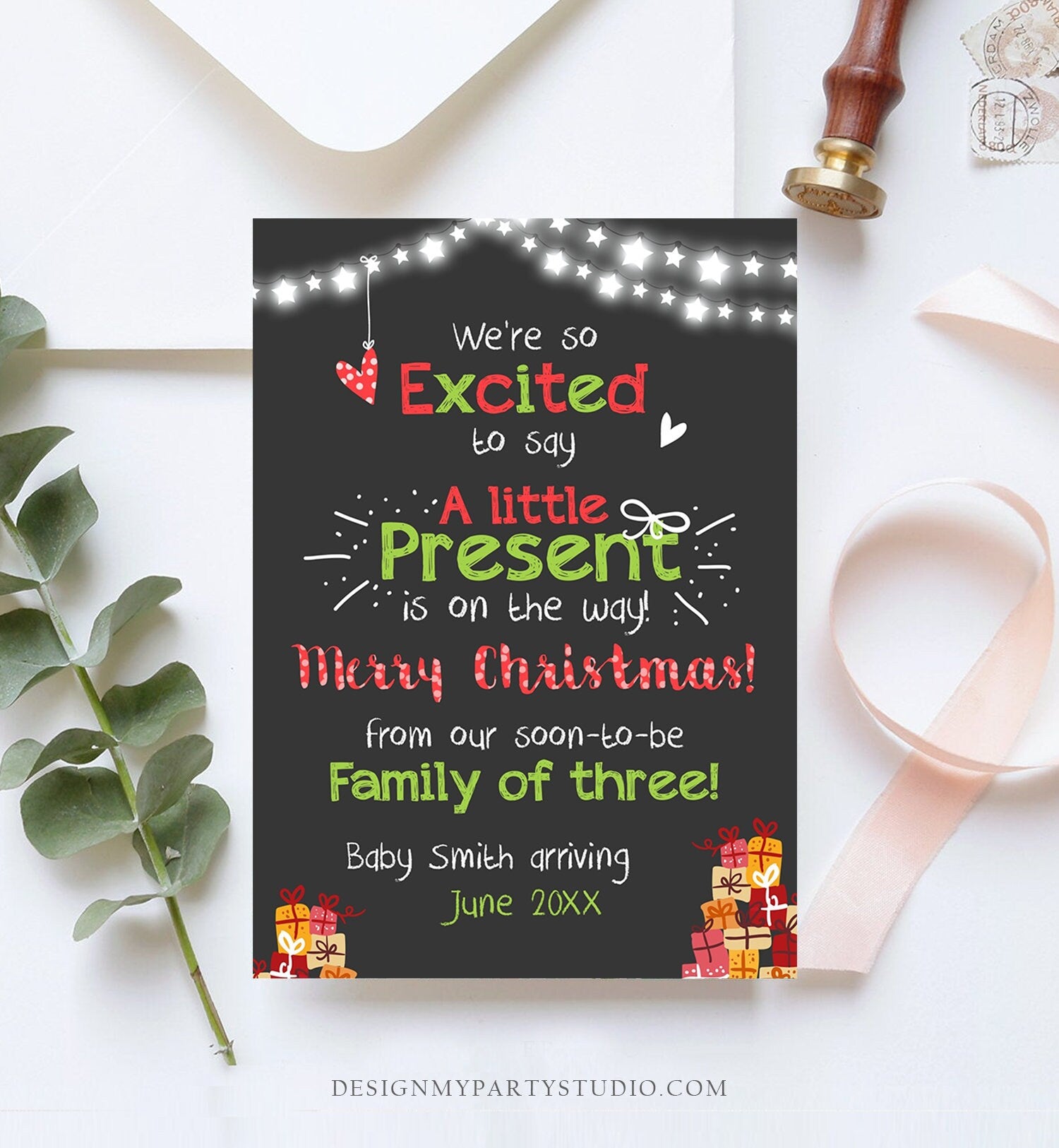 Editable Christmas Pregnancy Announcement Merry Christmas Baby Reveal Family of Three A Little Present On the Way Printable Corjl Template