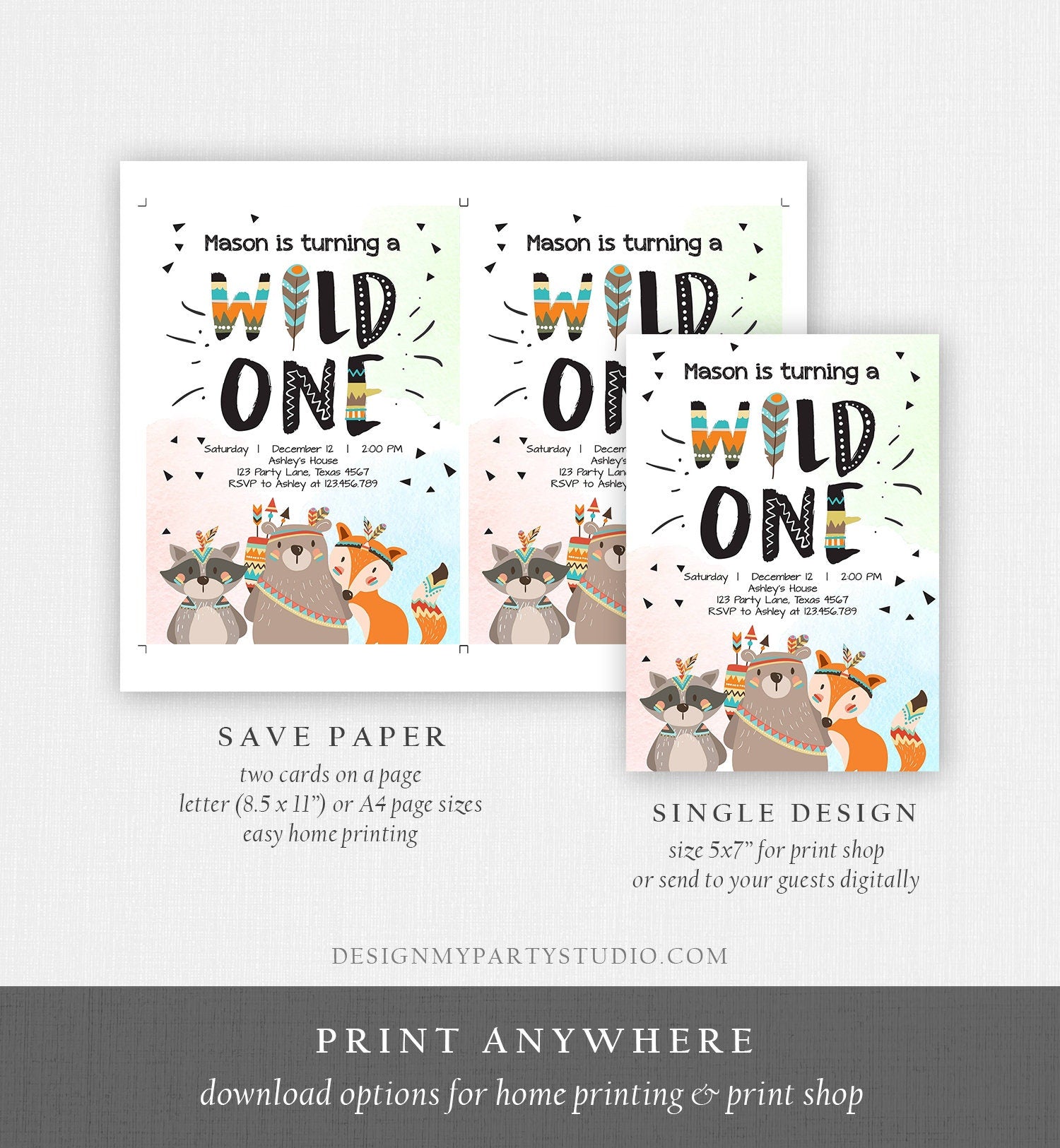 Editable Woodland Tribal Wild One First Birthday Invitation Bear Woodland Animals Boy Instant Download Printable Template Corjl Digital 0061