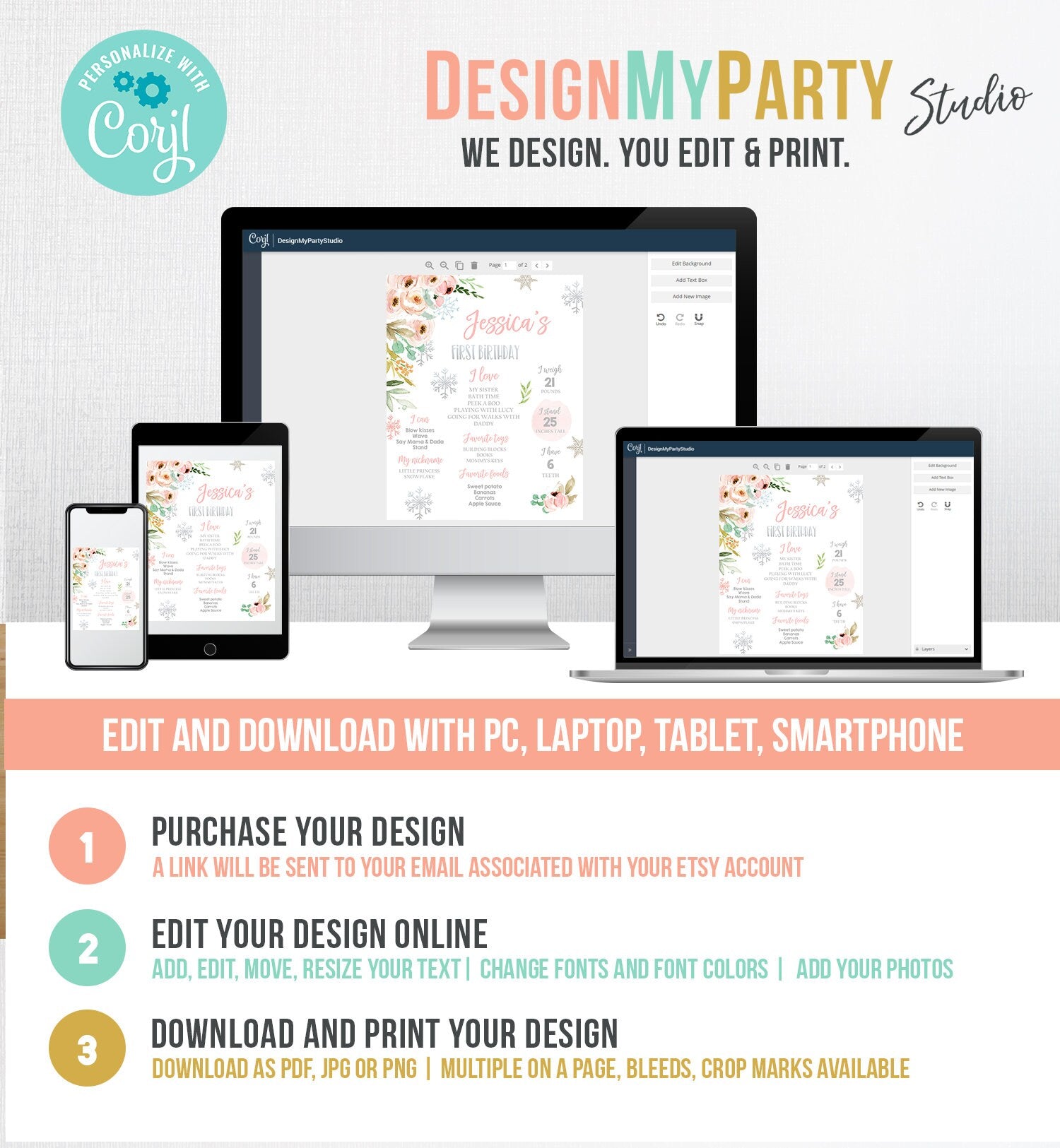 Editable Winter Birthday Milestones Sign Winter Onederland First Birthday Girl Pink Silver Snowflakes Floral Corjl Template Printable 0184