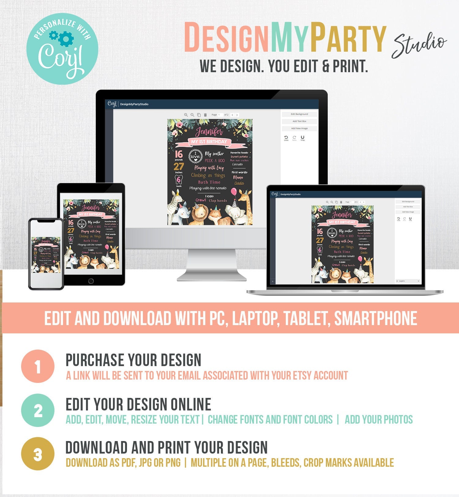 Editable Safari Animals Birthday Milestones Sign Pink and Gold Girl Birthday Zoo Jungle 1st Birthday Download Template Printable Corjl 0163