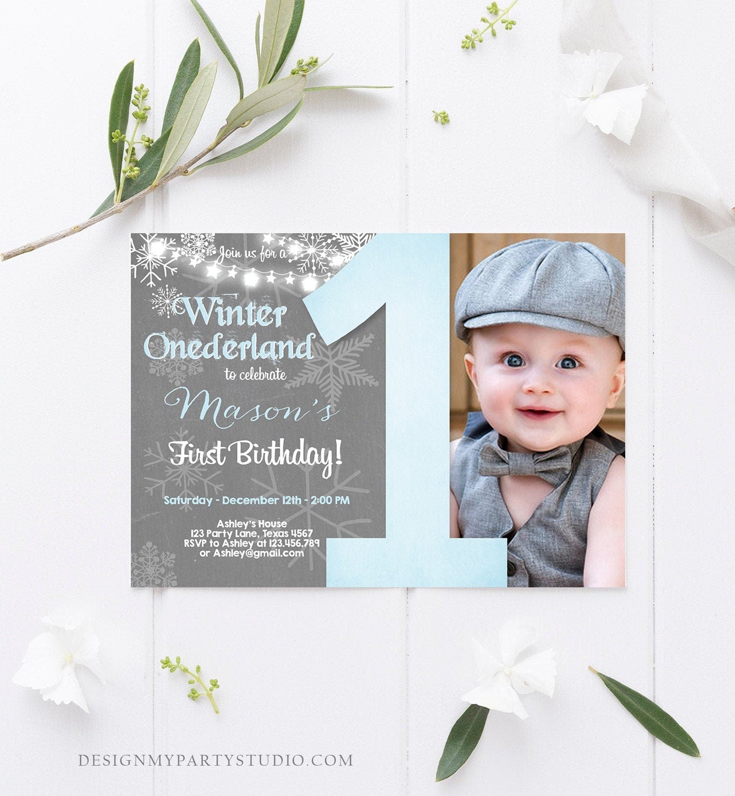 Editable Winter ONEderland Birthday Invitation First Birthday Snowflake Boy Blue Lights Download Printable Invitation Template Corjl 0027
