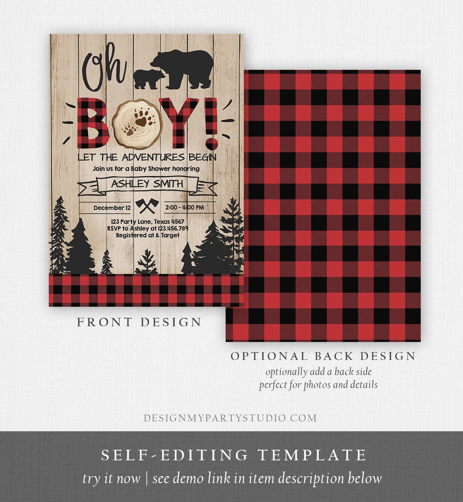 Editable Lumberjack Baby Shower Invitation Baby Boy Buffalo Plaid Rustic Bear Cub Instant Download Printable Template Digital Corjl 0191