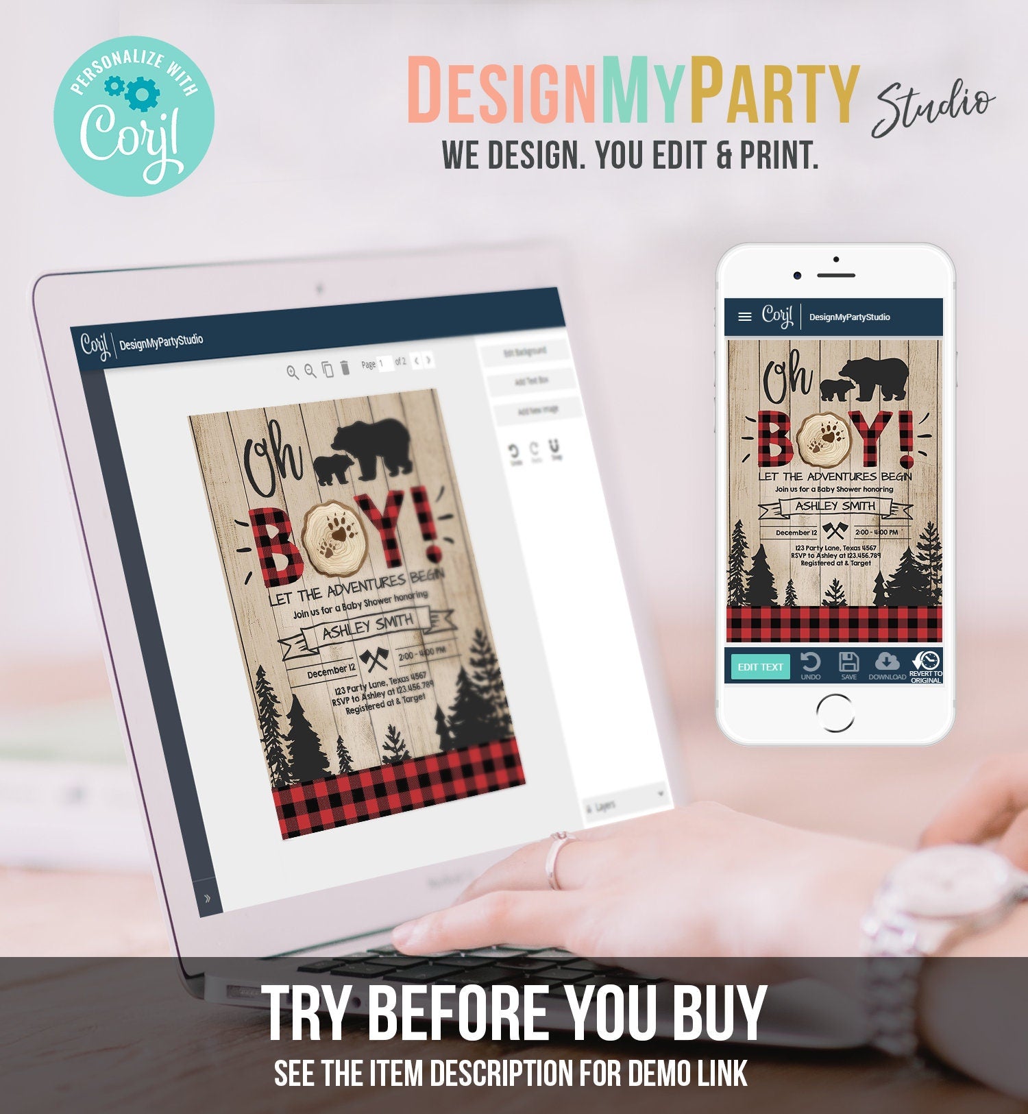 Editable Lumberjack Baby Shower Invitation Baby Boy Buffalo Plaid Rustic Bear Cub Instant Download Printable Template Digital Corjl 0191