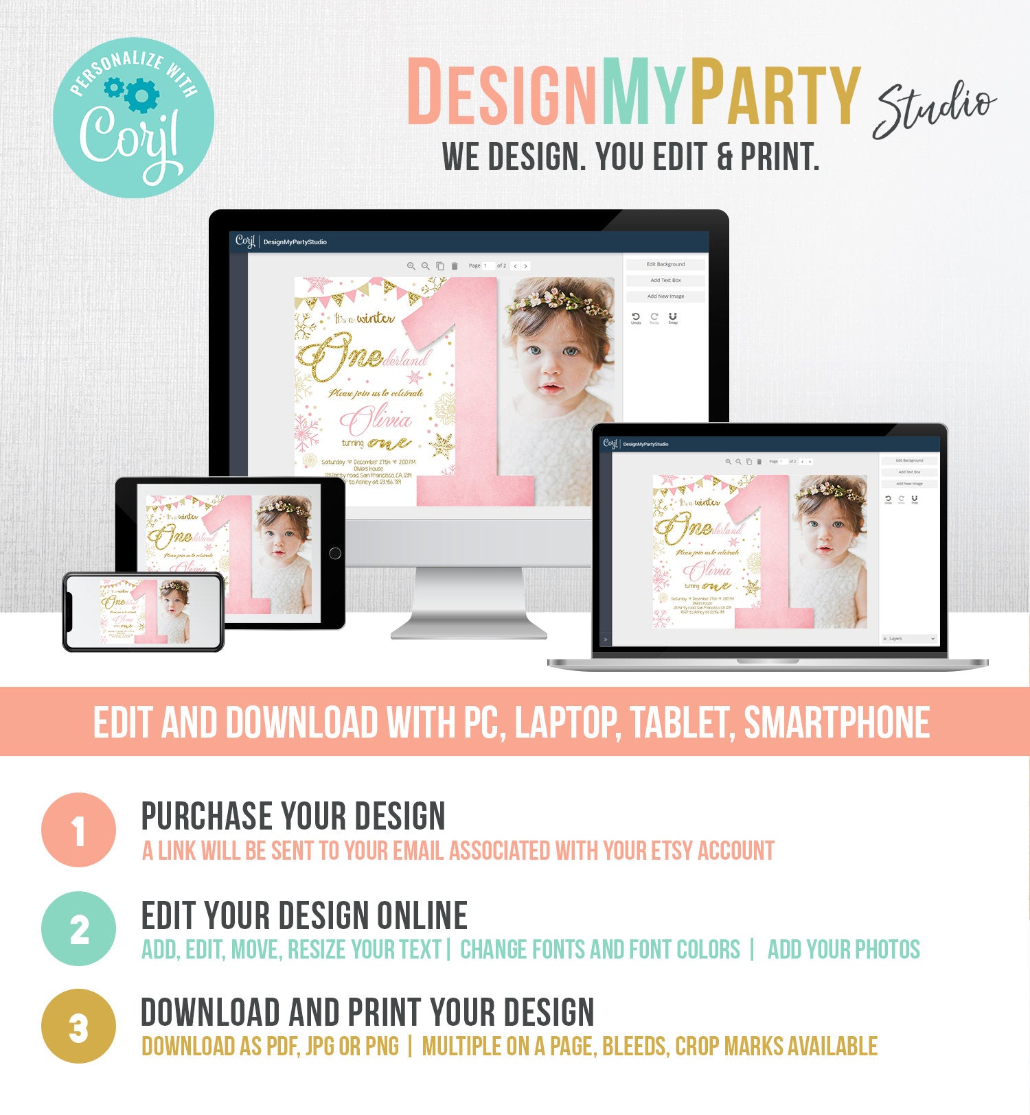 Editable Winter ONEderland Birthday Invitation First Birthday Snowflake Girl Pink and Gold Download Printable Invitation Template Corjl 0034