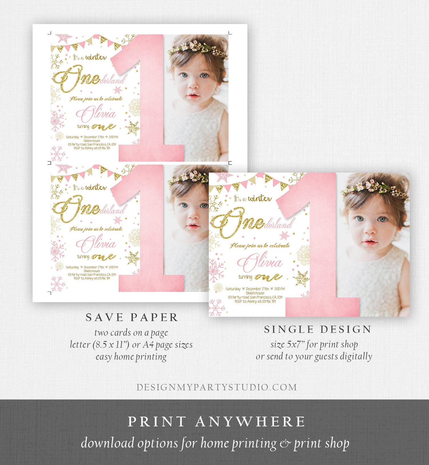 Editable Winter ONEderland Birthday Invitation First Birthday Snowflake Girl Pink and Gold Download Printable Invitation Template Corjl 0034