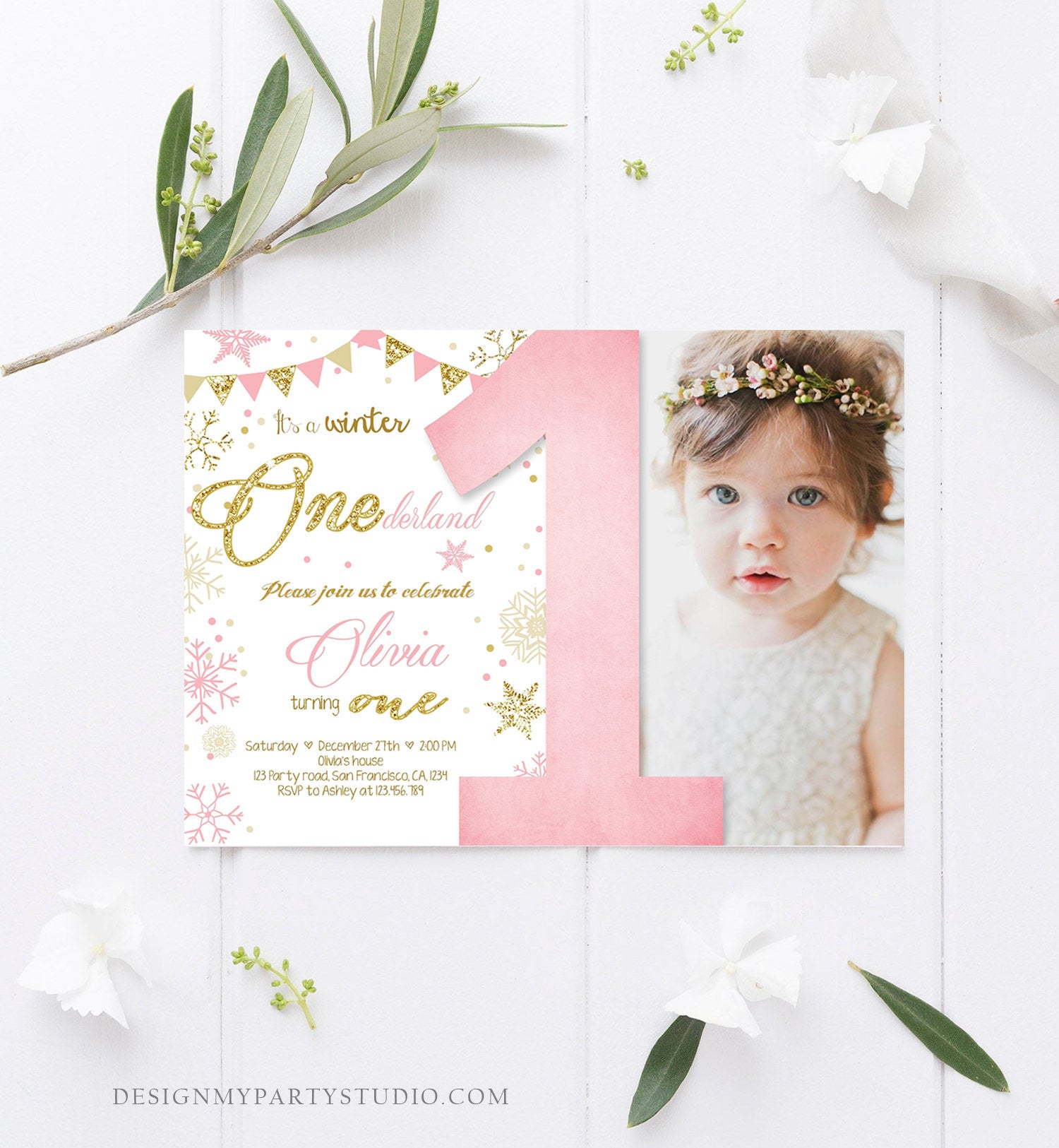 Editable Winter ONEderland Birthday Invitation First Birthday Snowflake Girl Pink and Gold Download Printable Invitation Template Corjl 0034